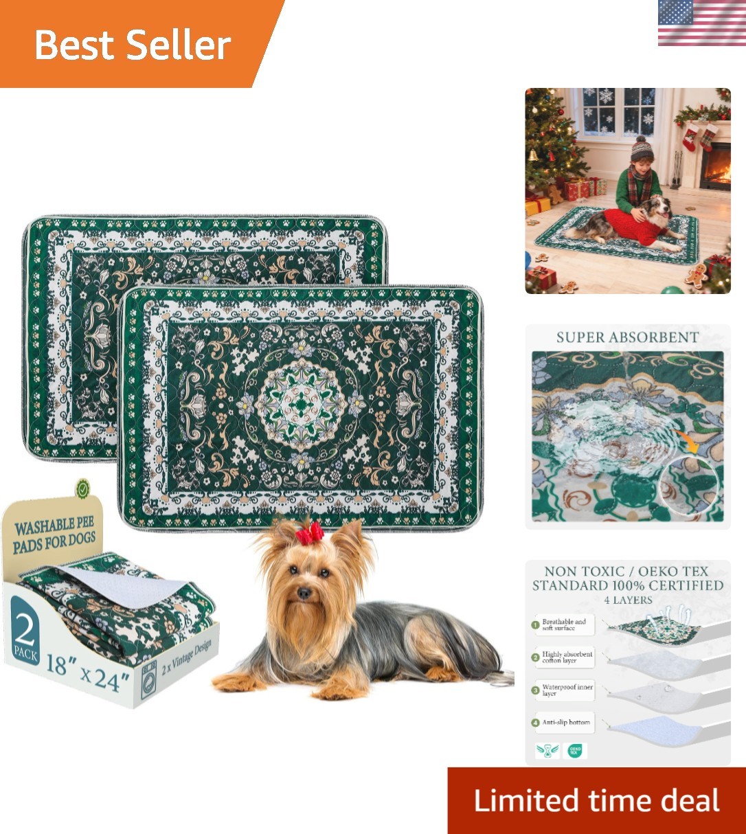 Eco-Friendly Washable Pet Pads – Vintage Floral, 18”x24”, Perfect for Training