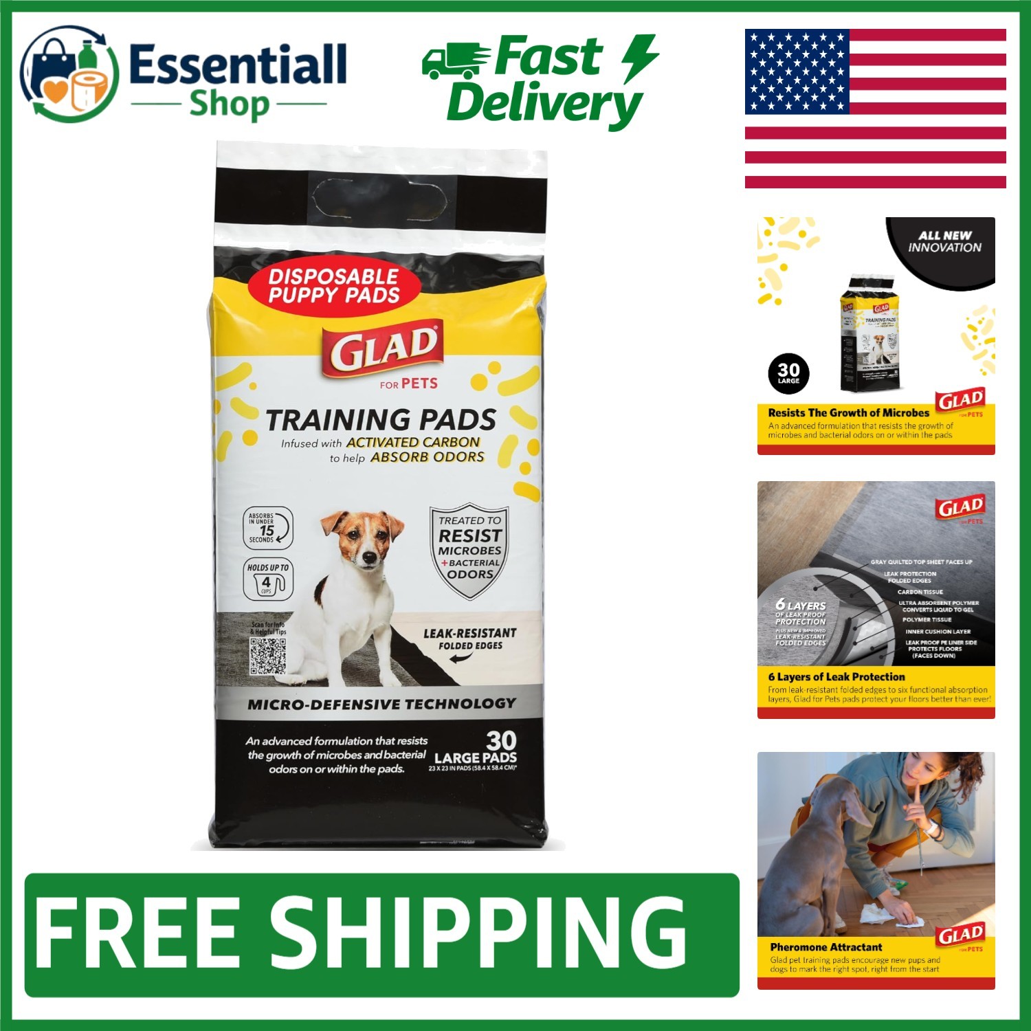 23”x23” Activated Carbon Pee Pads for Dogs – Multi-Layer Odor Control, 30 Pack
