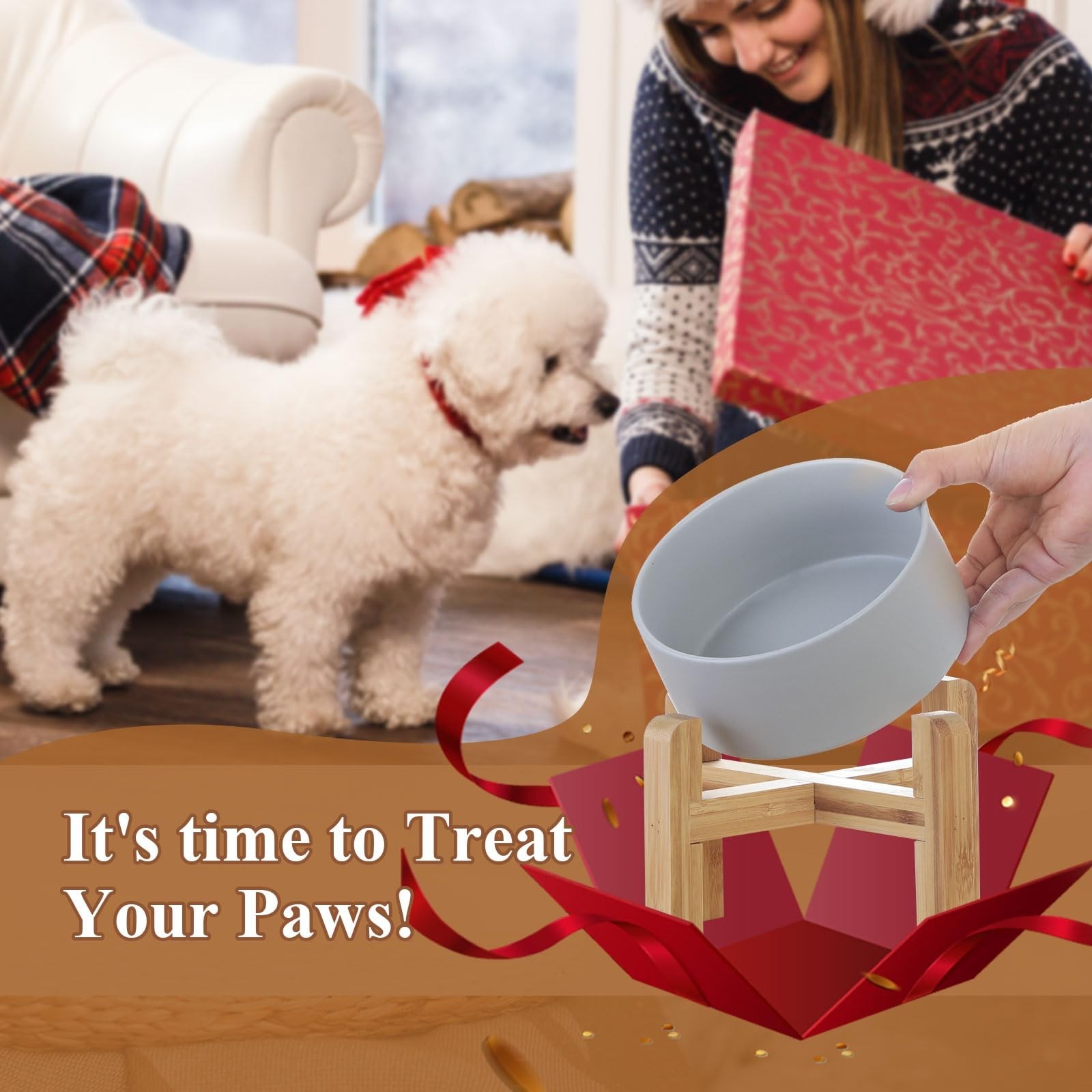 Ceramic Raised Dog Bowl with Bamboo Stand, for Small & Medium Dog, White