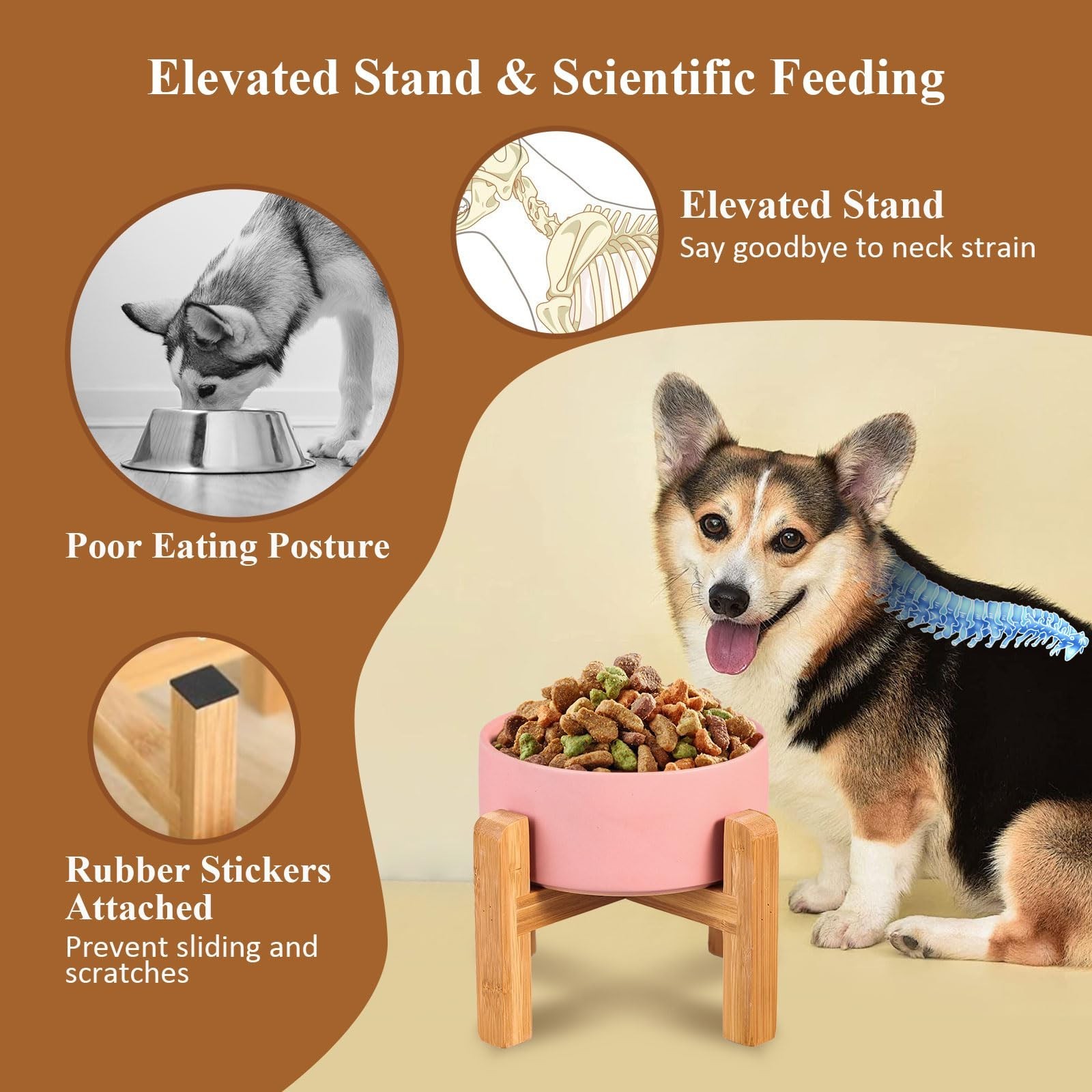 Ceramic Raised Dog Bowl with Bamboo Stand, for Small & Medium Dog, White
