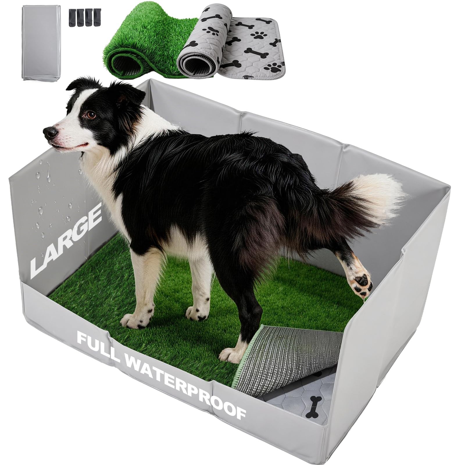 HQ4US 4LEGS Dog Litter Box High Walls Foldable with Grass Pad and Washable Pe…