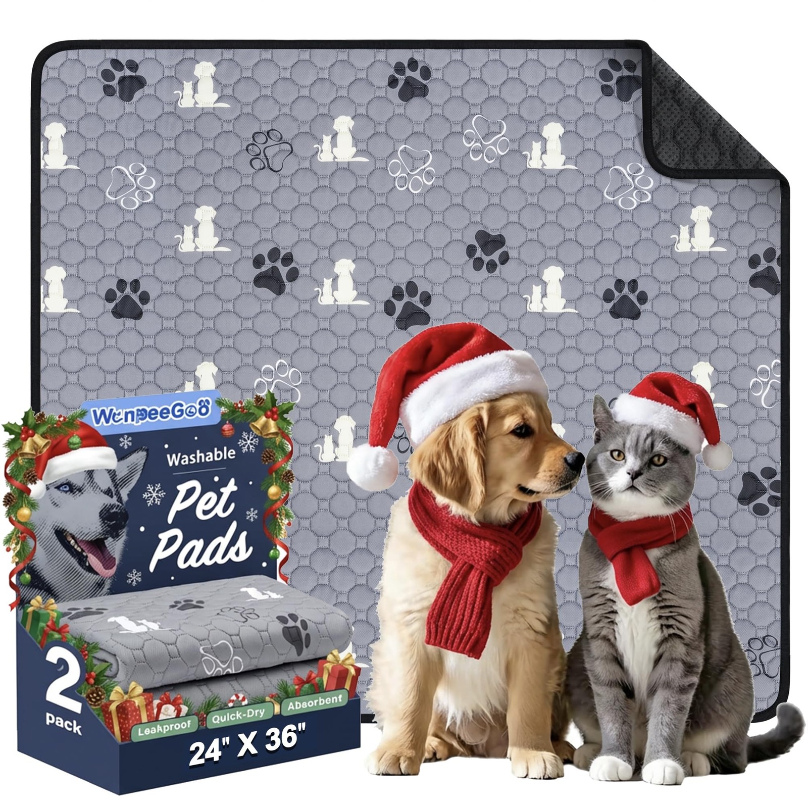 WanpeeGoo Washable Pee Pads for Dogs Mat, 2 Pack 24″x36″ (Pack of 2), Gray