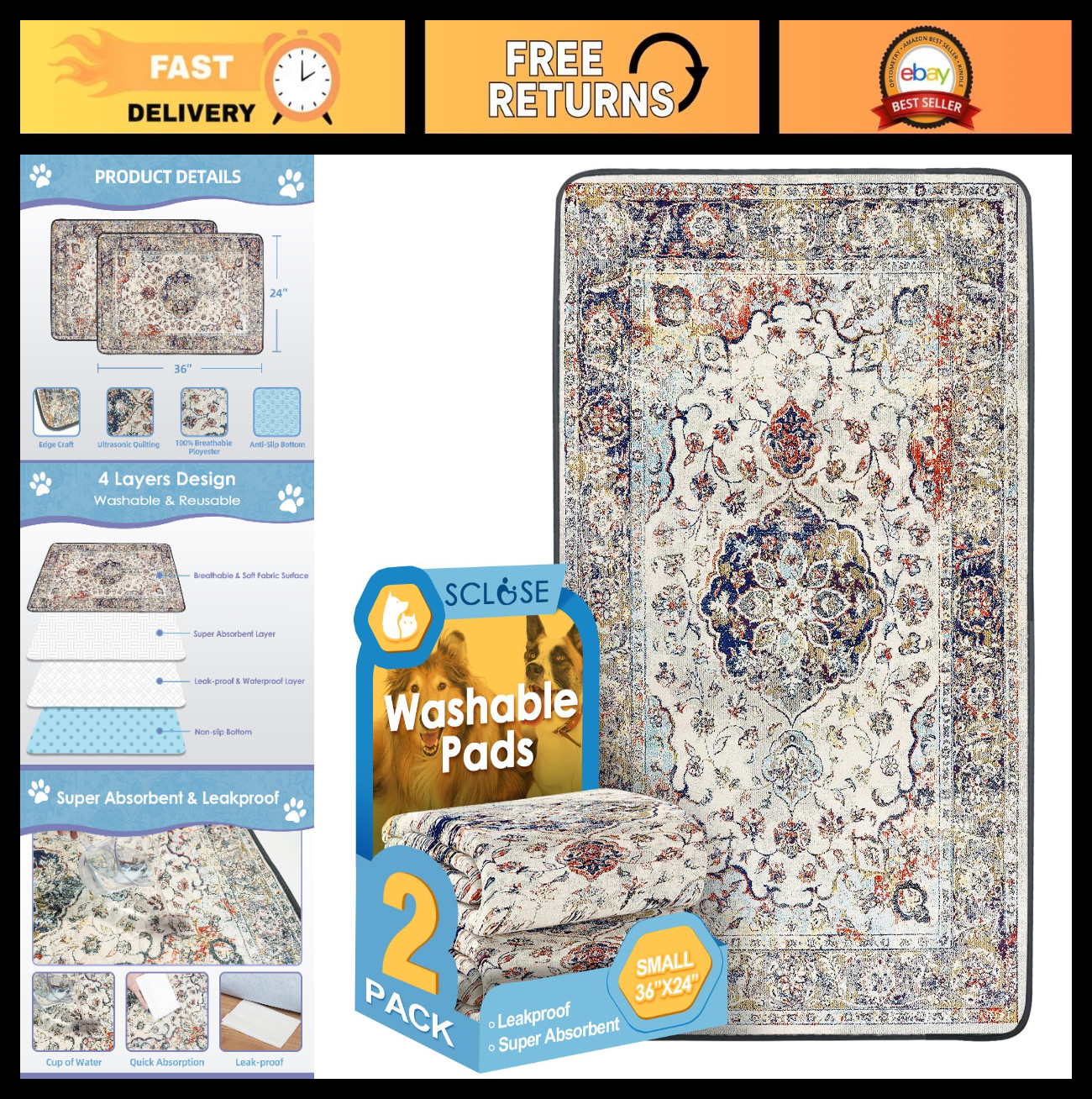 Washable Dog Pee Pads 36″x24″ – 2 Pack, Reusable Waterproof, Super Absorbent, Le
