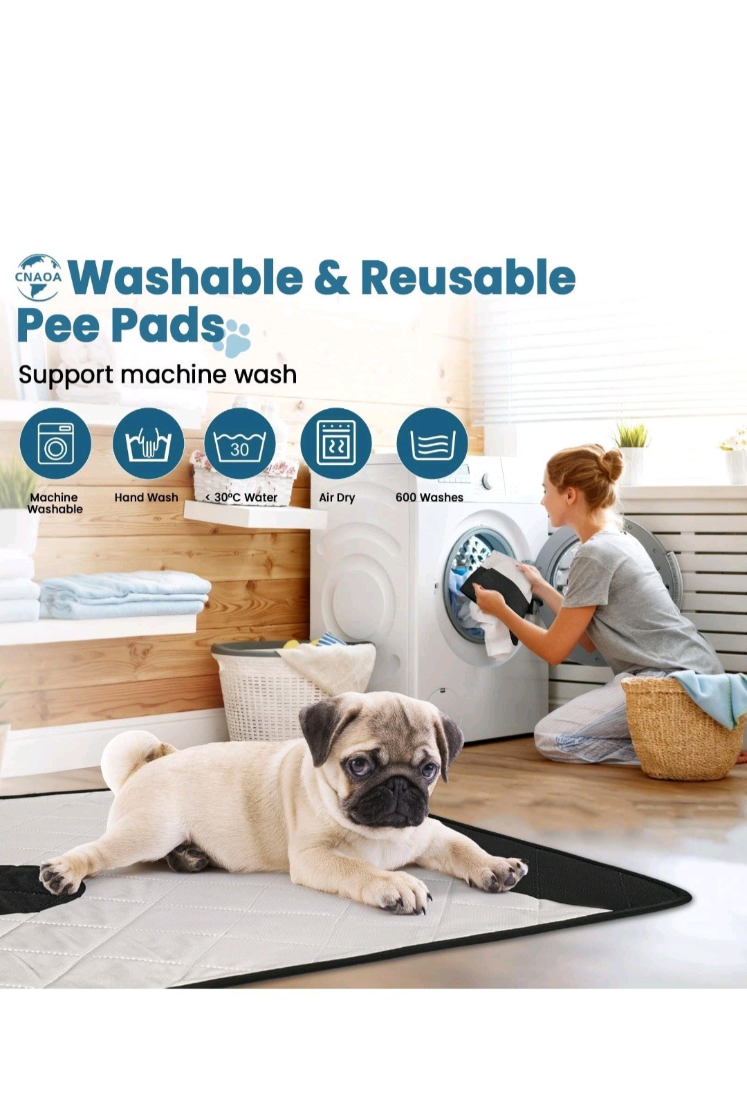 CNAOA Washable Pee Pads for Dogs 2 Pack 36×36 in – 5 Layer Reusable Puppy Pad