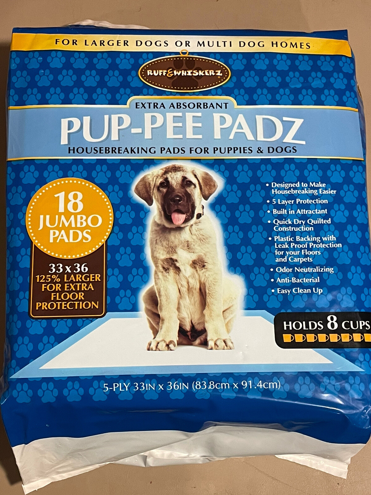 Ruff E Whiskerz Pup-Pee Padz 18 Jumbo Pads 33×36 holds 8 cups