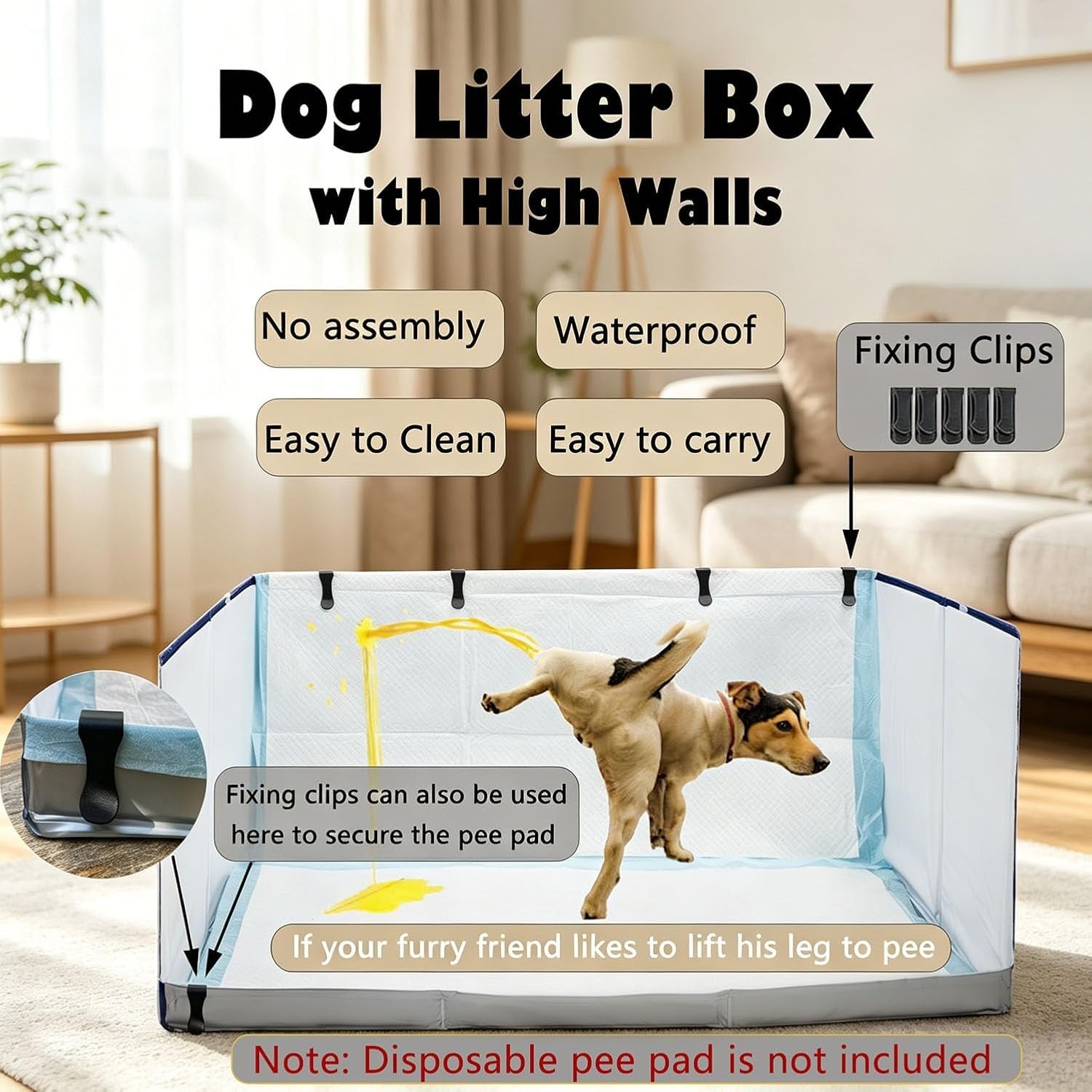Dog Litter Box with Walls, Pee Pad Holder Tray, No Assembly, Waterproof Portable