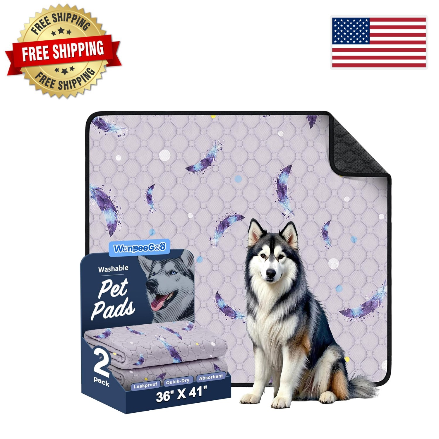 Feather Pattern Washable Dog Pee Pads – Non-Slip & Waterproof 36×41 in, 2 Pack