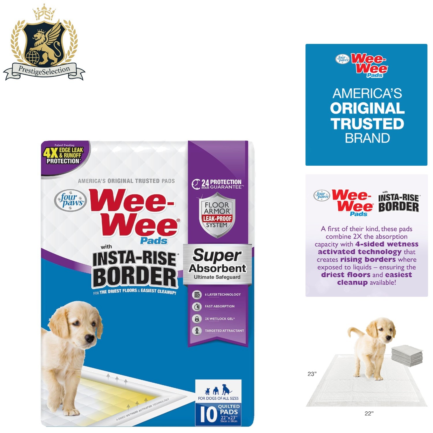24-Hour Protection Pee Pads for Dogs – 10 Count, 22″ x 23″ – Superior Absorption