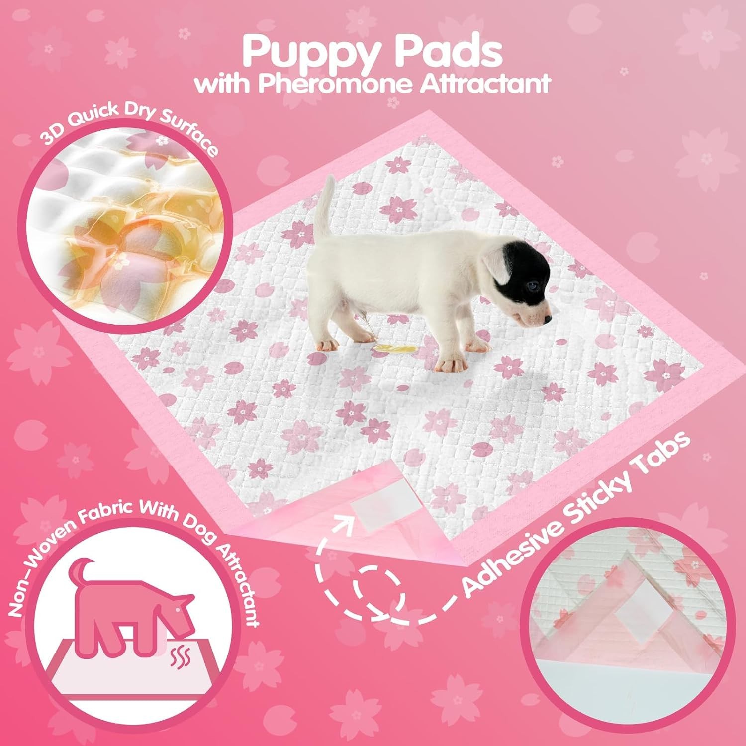 Pink Puppy Pads 50 Ct, 23x23in, Leak-Proof, Quick-Dry, Potty Training