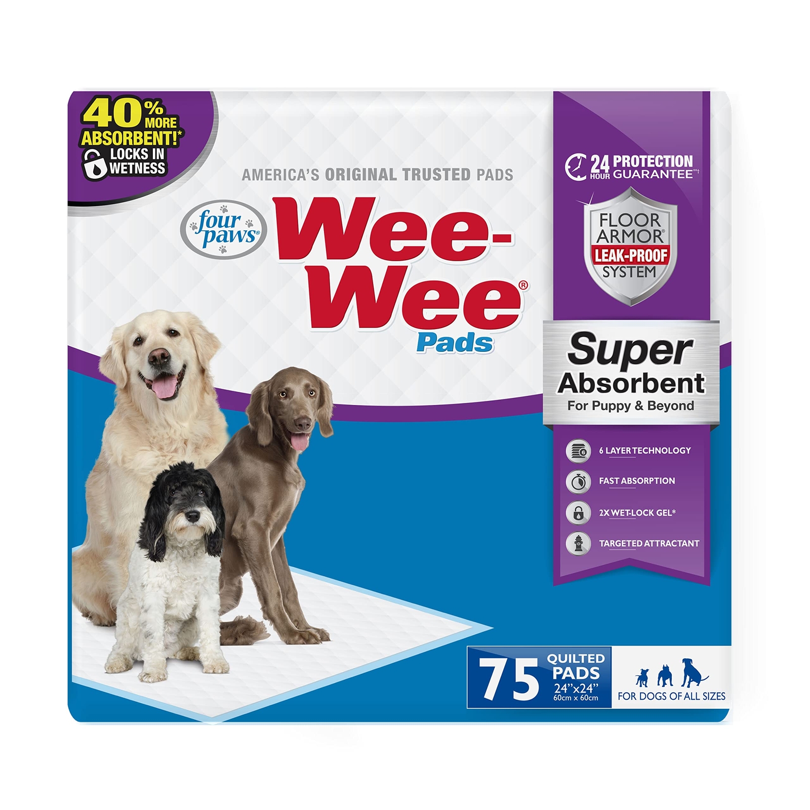 Wee Wee Super Absorbent Dog Pads 24×24 75 Count Leak Proof 40 More Absorbent