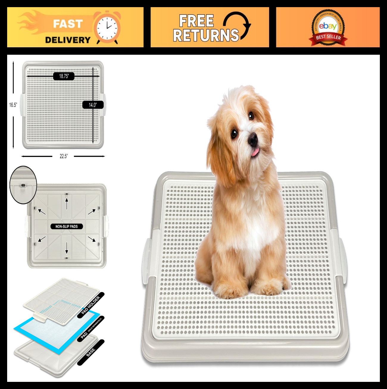 Puppy Potty Training Pad Holder Tray, Snap Lock, 22.5″x16.5″, PP Plastic, 4 Colo