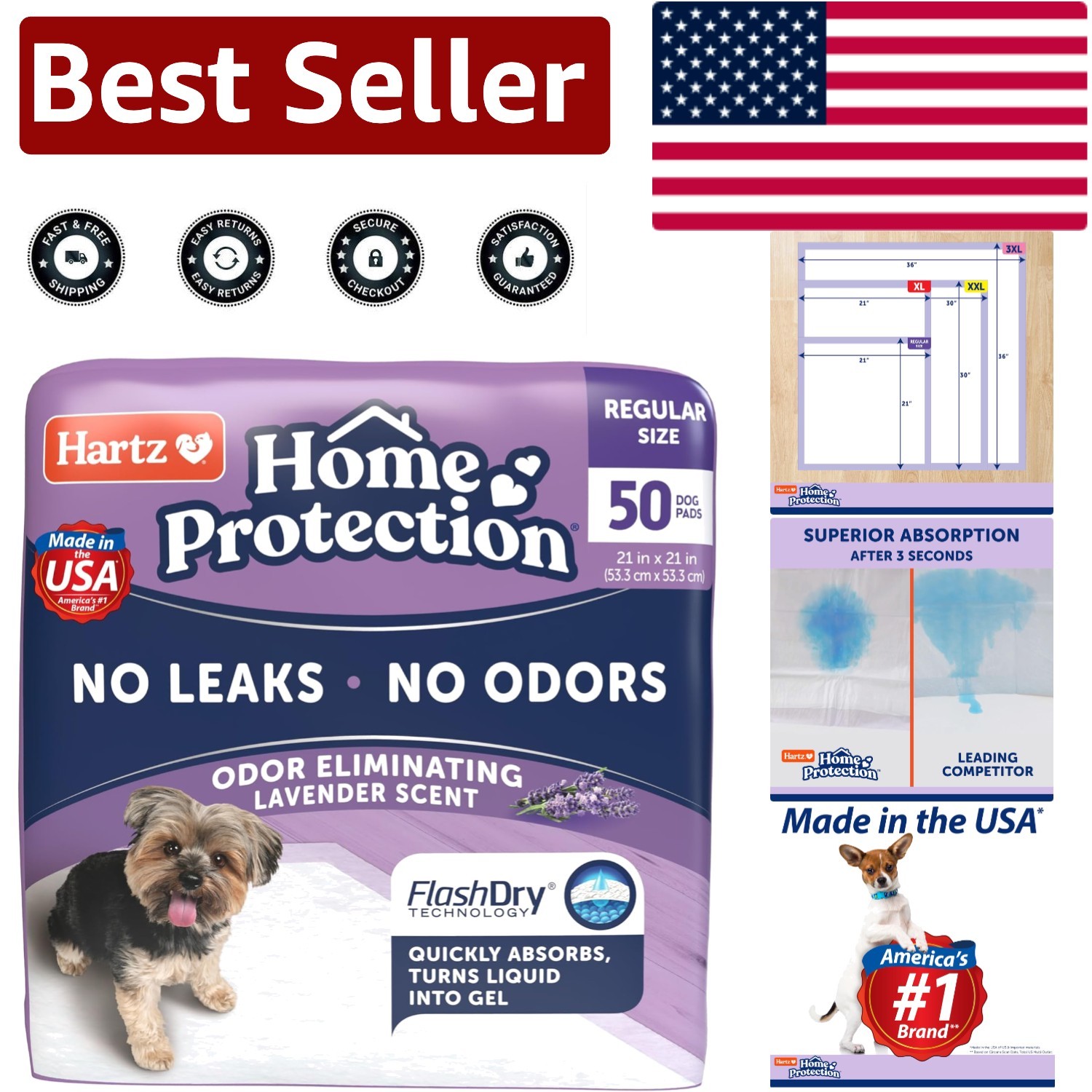 Odor Eliminating Lavender Dog Pads – 50 Count, Leak-Proof & Made in the USA