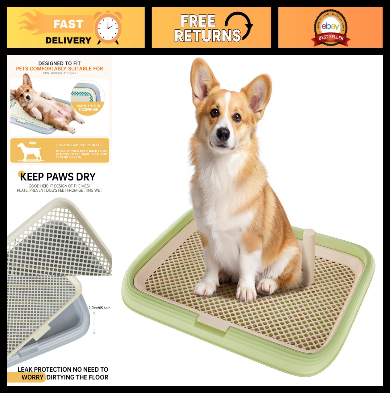 Indoor Dog Potty Tray 23.6″x17.68″ – Puppy Training Pee Pad Holder, Pet Toilet f