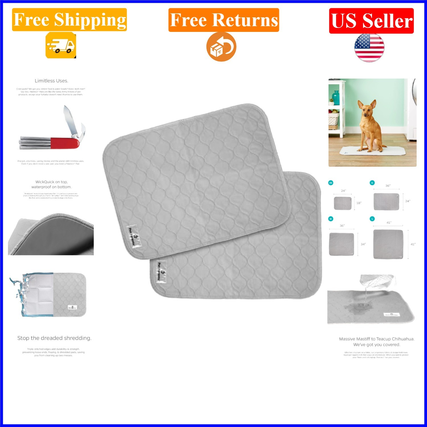 Pawtect Washable Dog Pee Pads 2 Pack 18×24 inch Reusable Waterproof Grey