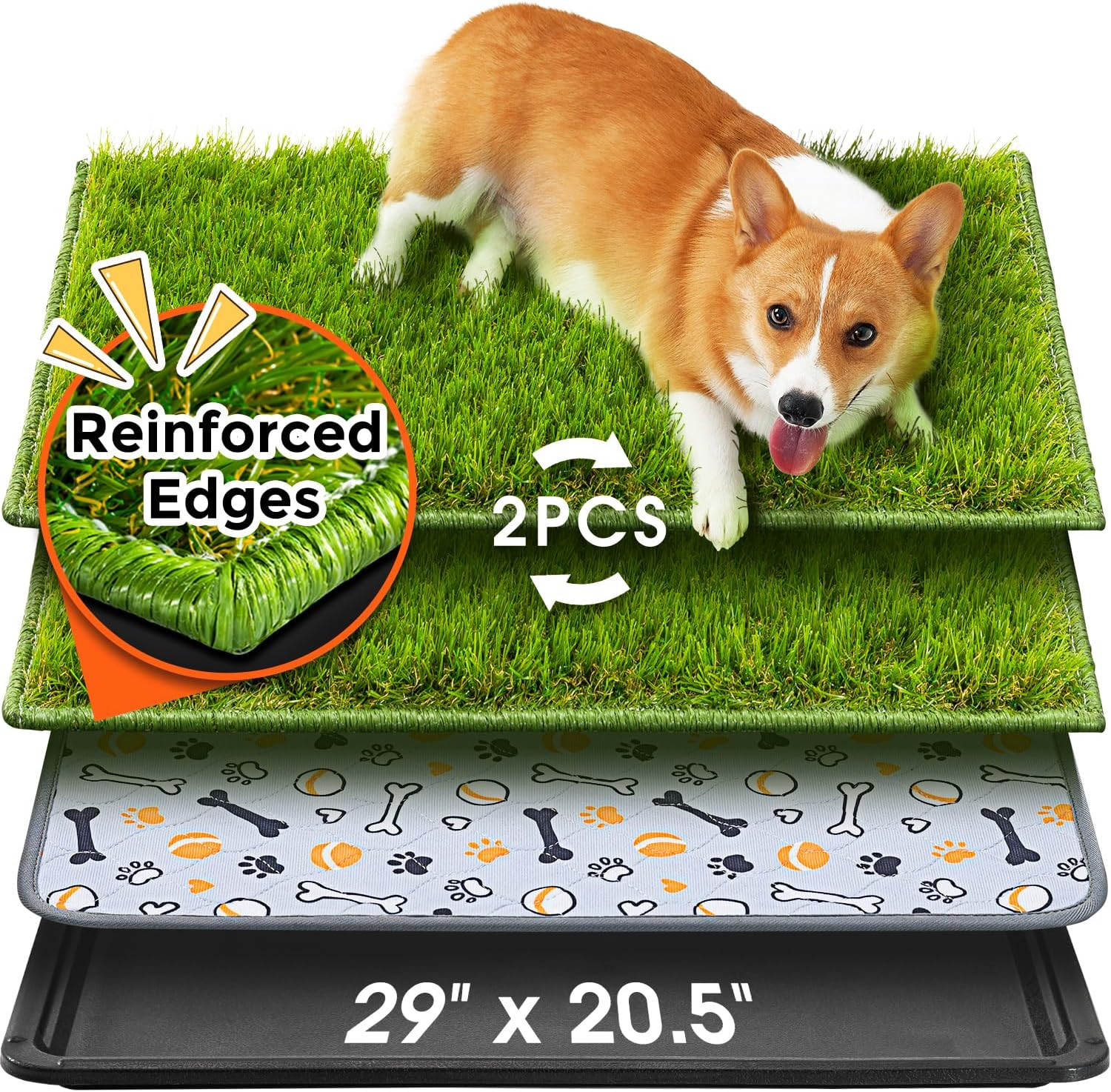 Dog Grass Pad with Tray Large, 29″X20.5″, 2 Reusable Artificial Turf for Dogs Po