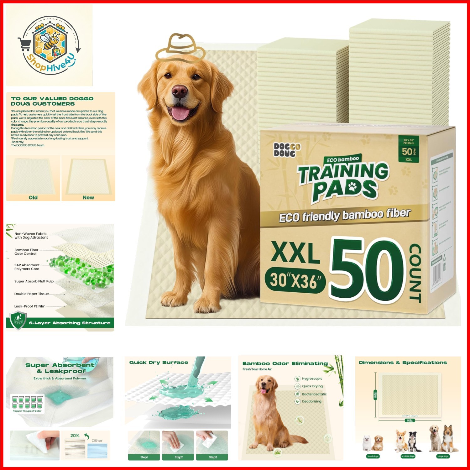 Puppy Pads Pee Pads for Dogs 30″x36″ 50 Count with Tabs | Bamboo Training Pad…