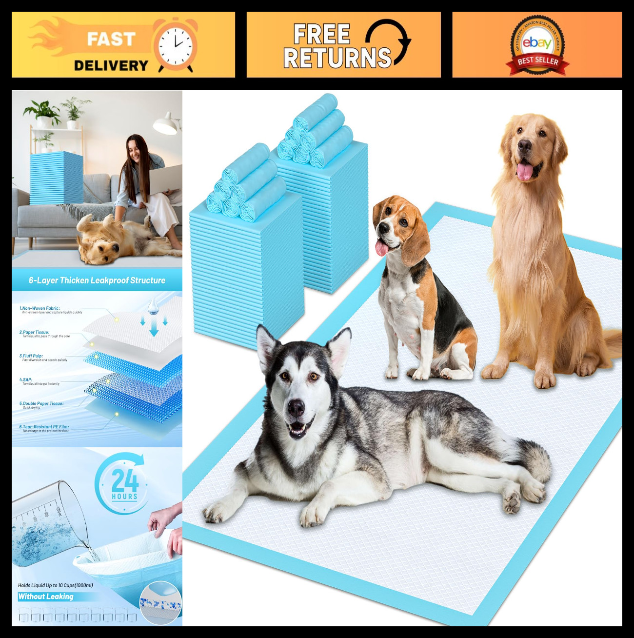 Extra Large Puppy Pads 31″x47″ – 40 Count, Leak-Proof, Super Absorbent Dog Train