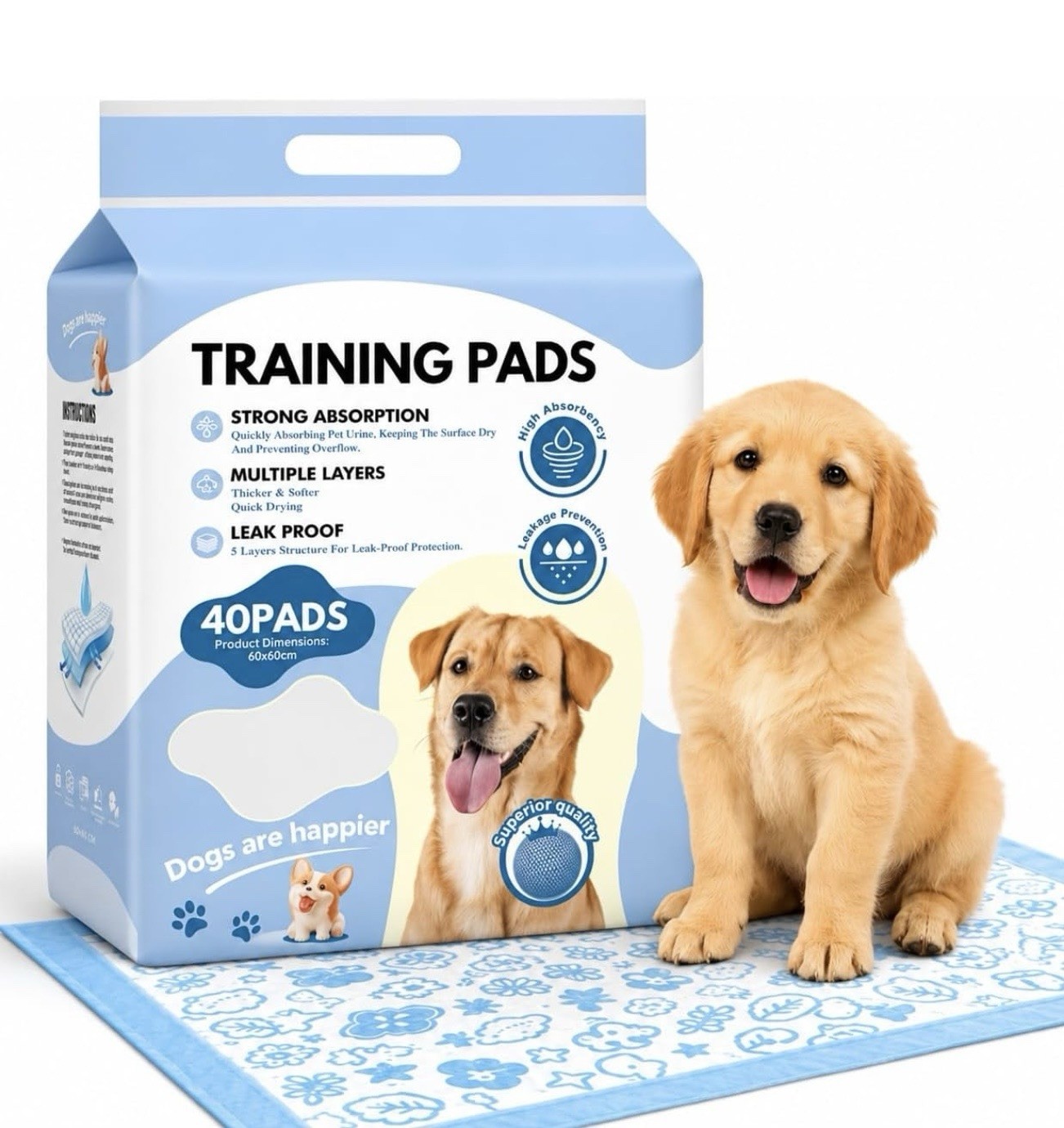 Dog Training Pads 40 Count Leak Proof Strong Absorption Multiple Layers