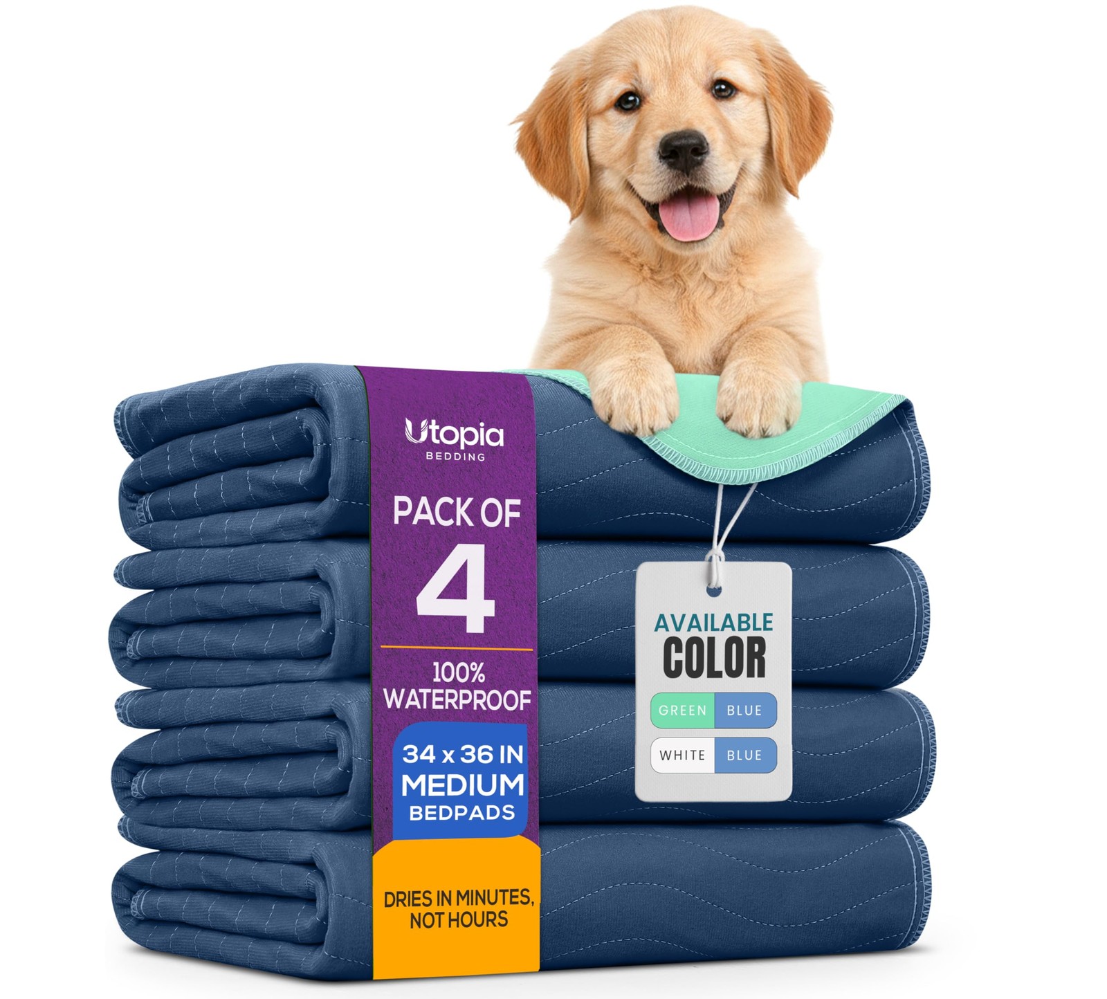 Washable Pee Pads 34″ x 36″ – Waterproof, Heavy Absorbency, Pack of 4 – Pet