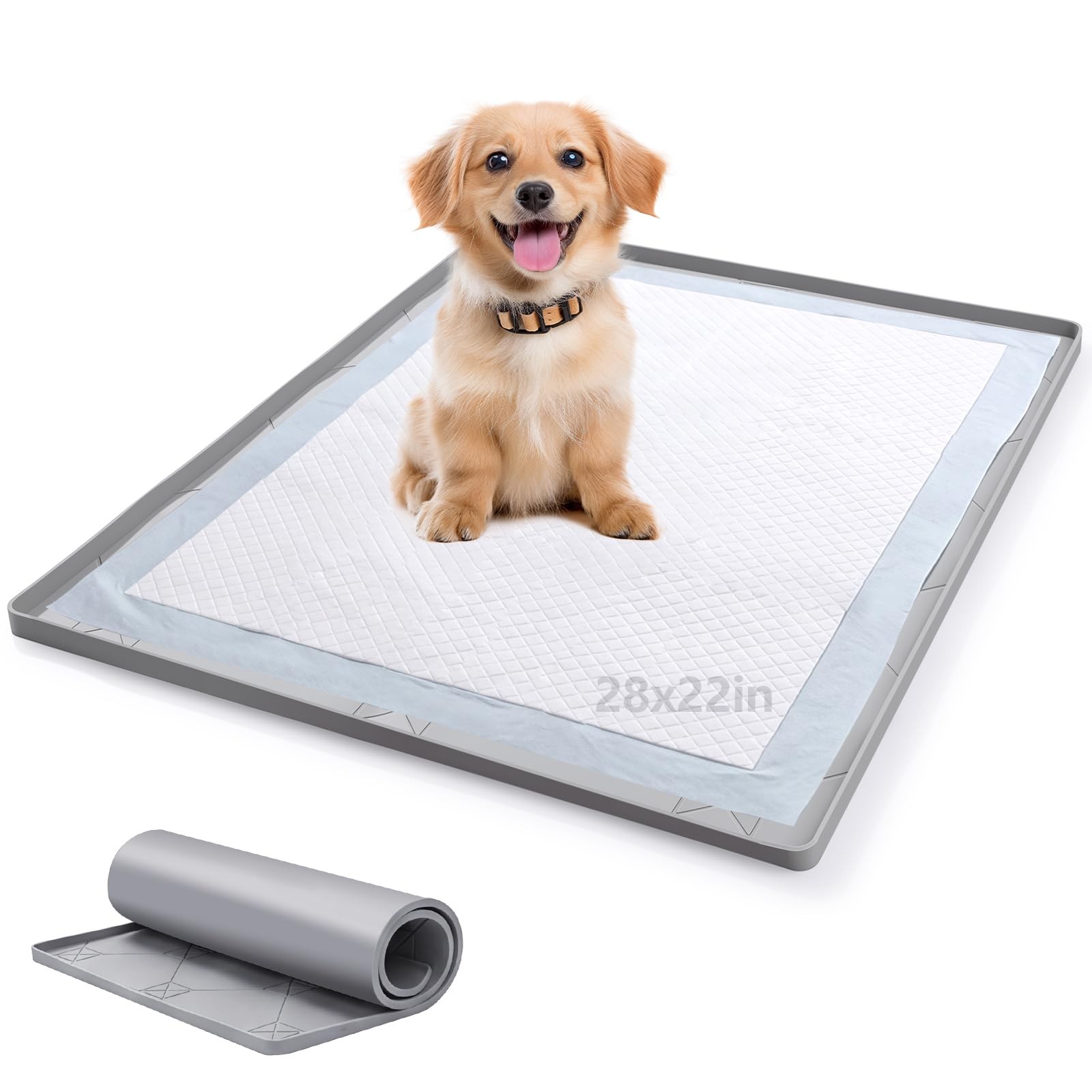 Dog Pee Pad Holder,Silicone Indoor Dog Potty Tray,28×22 in,Gray,Thickened Mat…