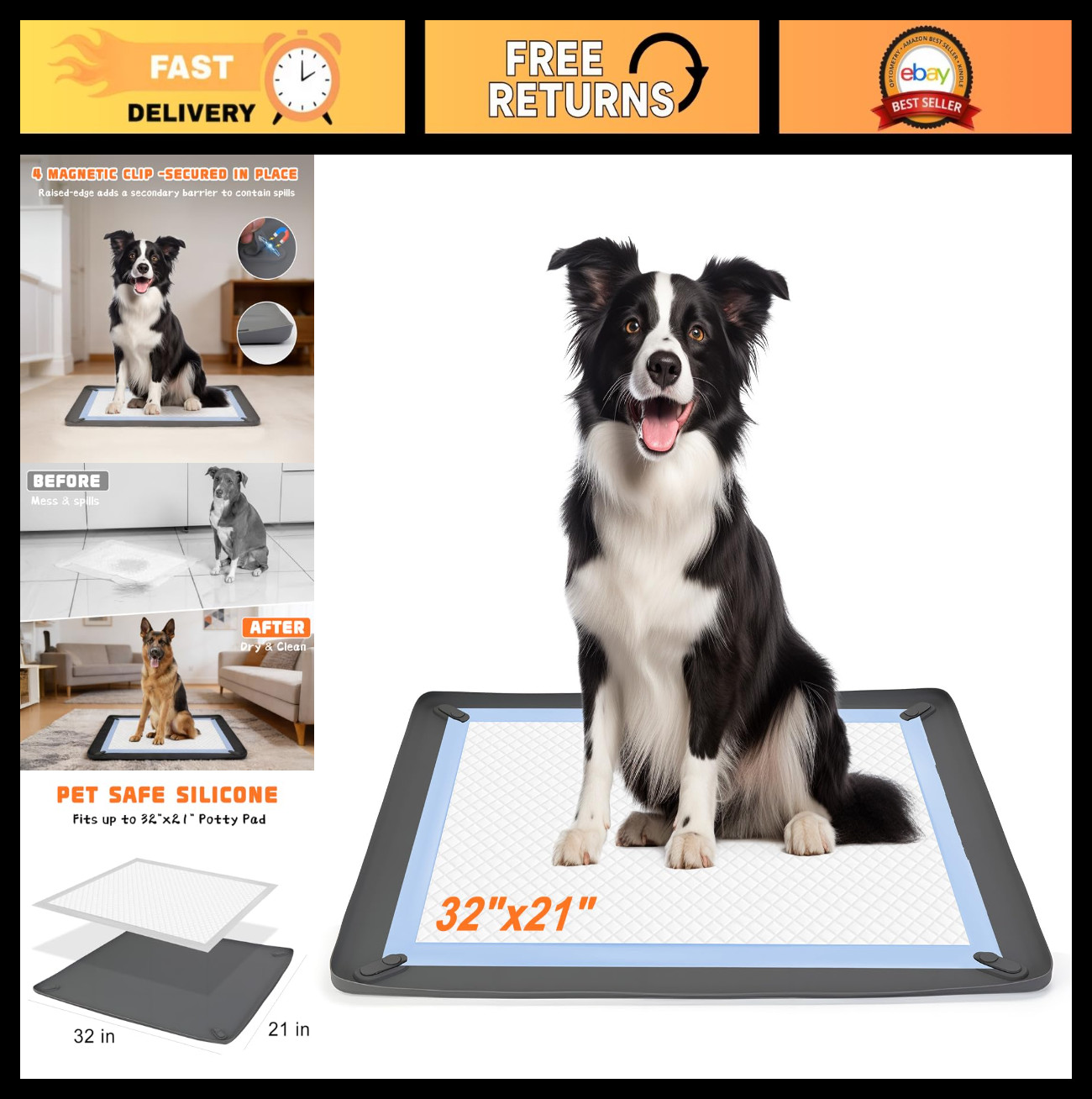 Non-Slip Dog Pee Pad Holder 32″x21″ – Reusable Silicone Potty Tray for Small Dog