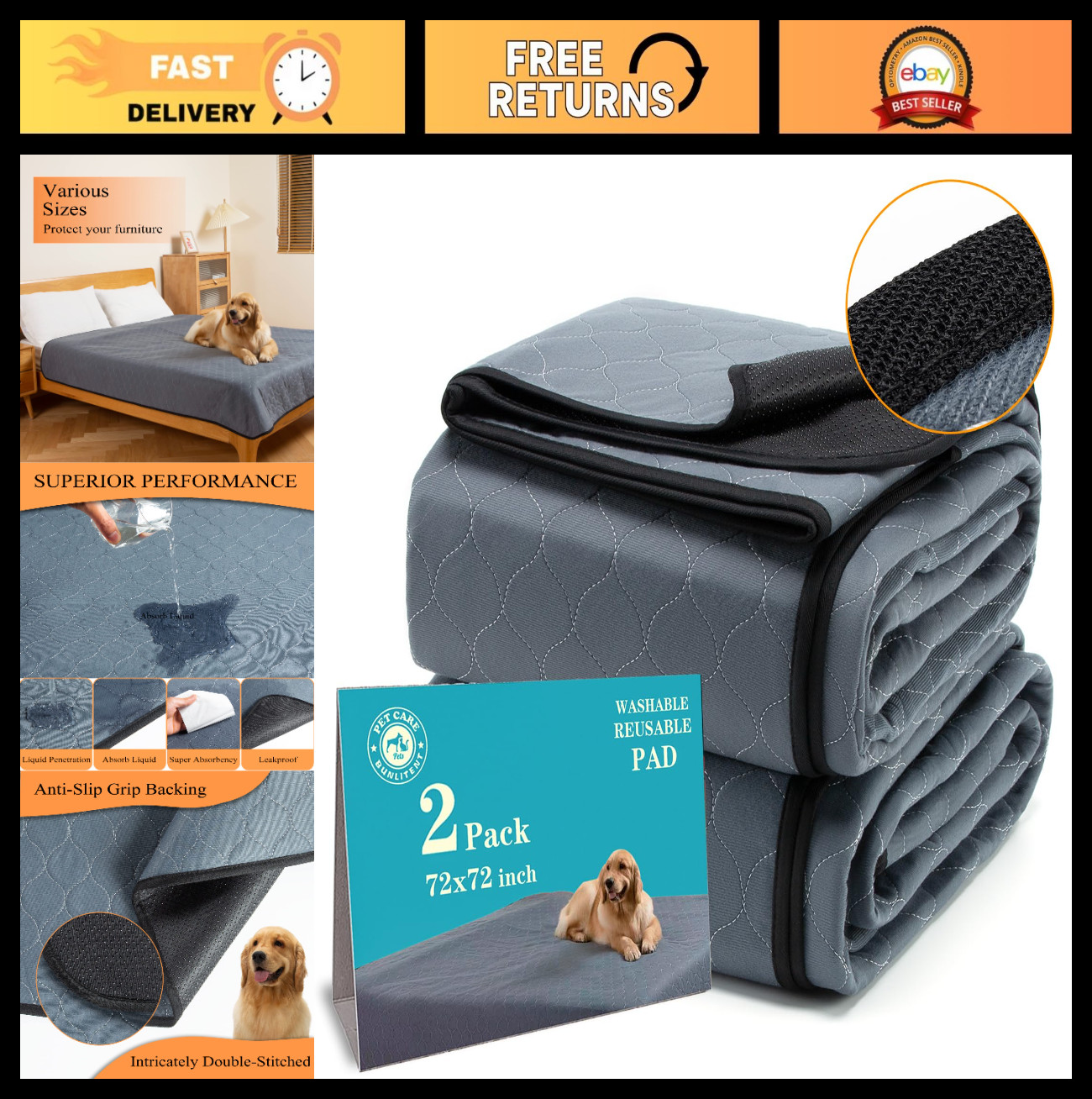 Extra Large Washable Dog Pee Pads 72×72 – 2 Pack, Quick Dry, Anti-Slip Training