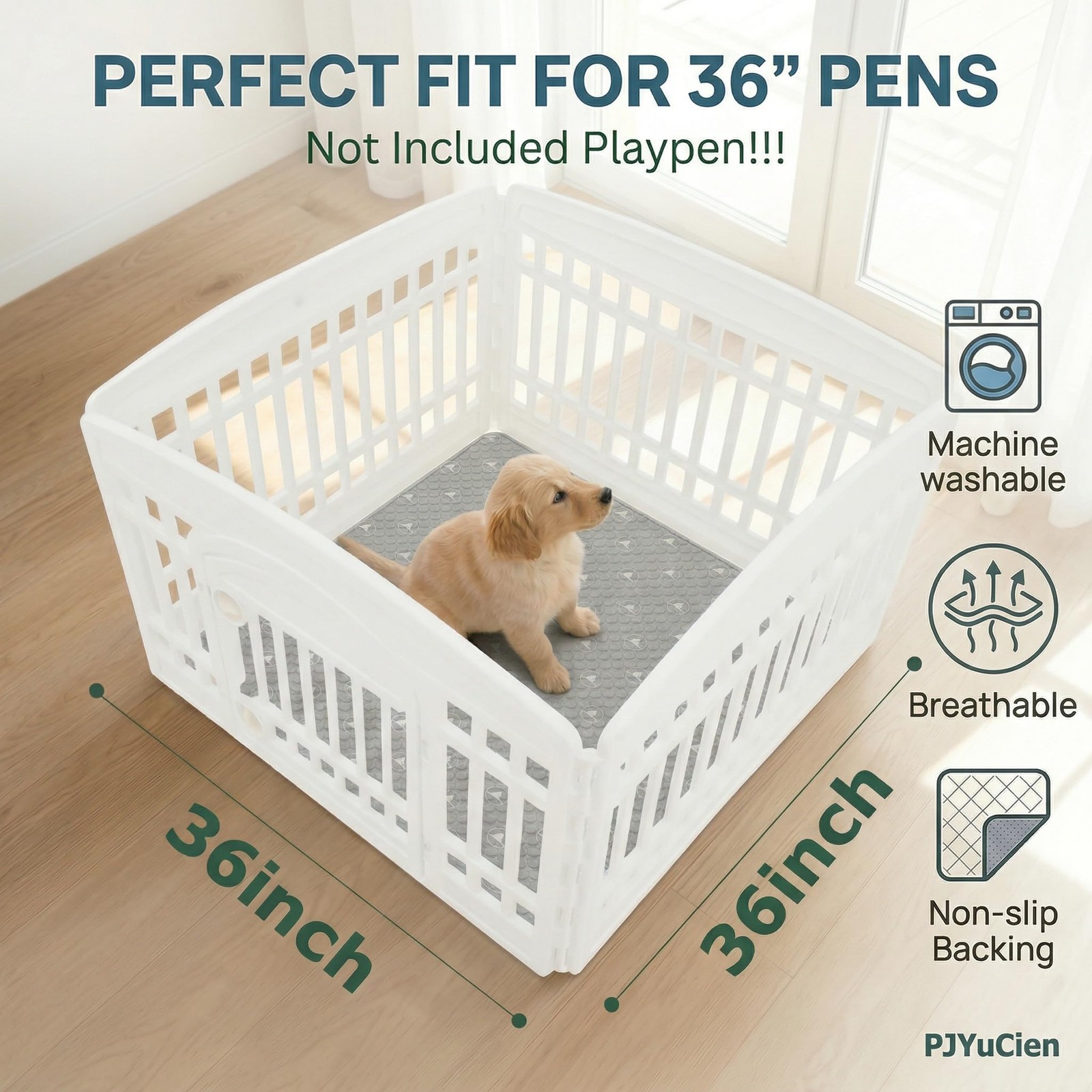2 Pack NonSlip 36×36 Inch Pet Playpen Mat 3Layer Comfort Washable Gray
