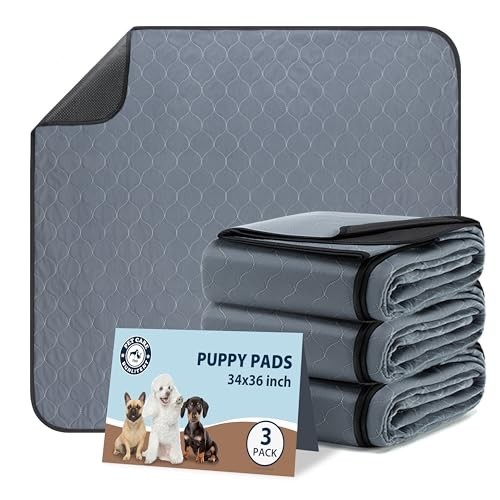 Washable Reusable Dog Pee Pads 3 Pack 34 x 36 Waterproof Non-Slip for Crate