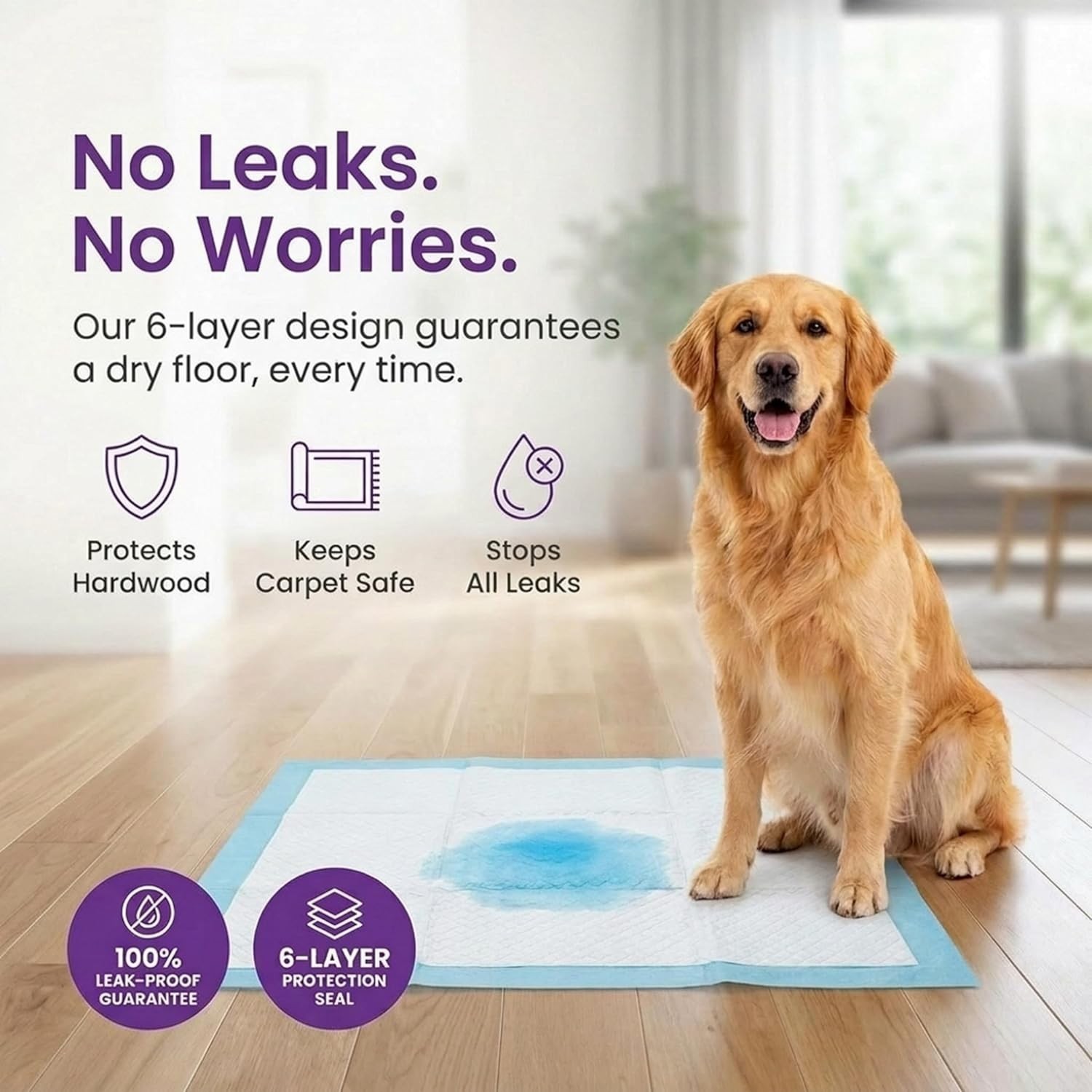 Puppy Pads XL 40 Count 34″x28″ Leak-Proof Pee Pads Dogs W/ 6-Layer Design Rapid