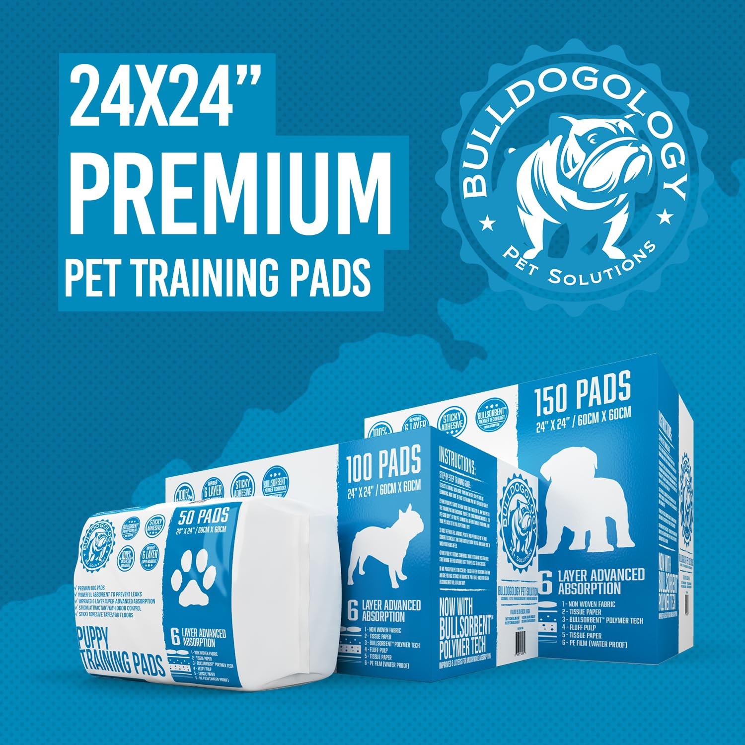 Bulldogology Puppy Training Pads – Pee with Adhesive 100-Count, White