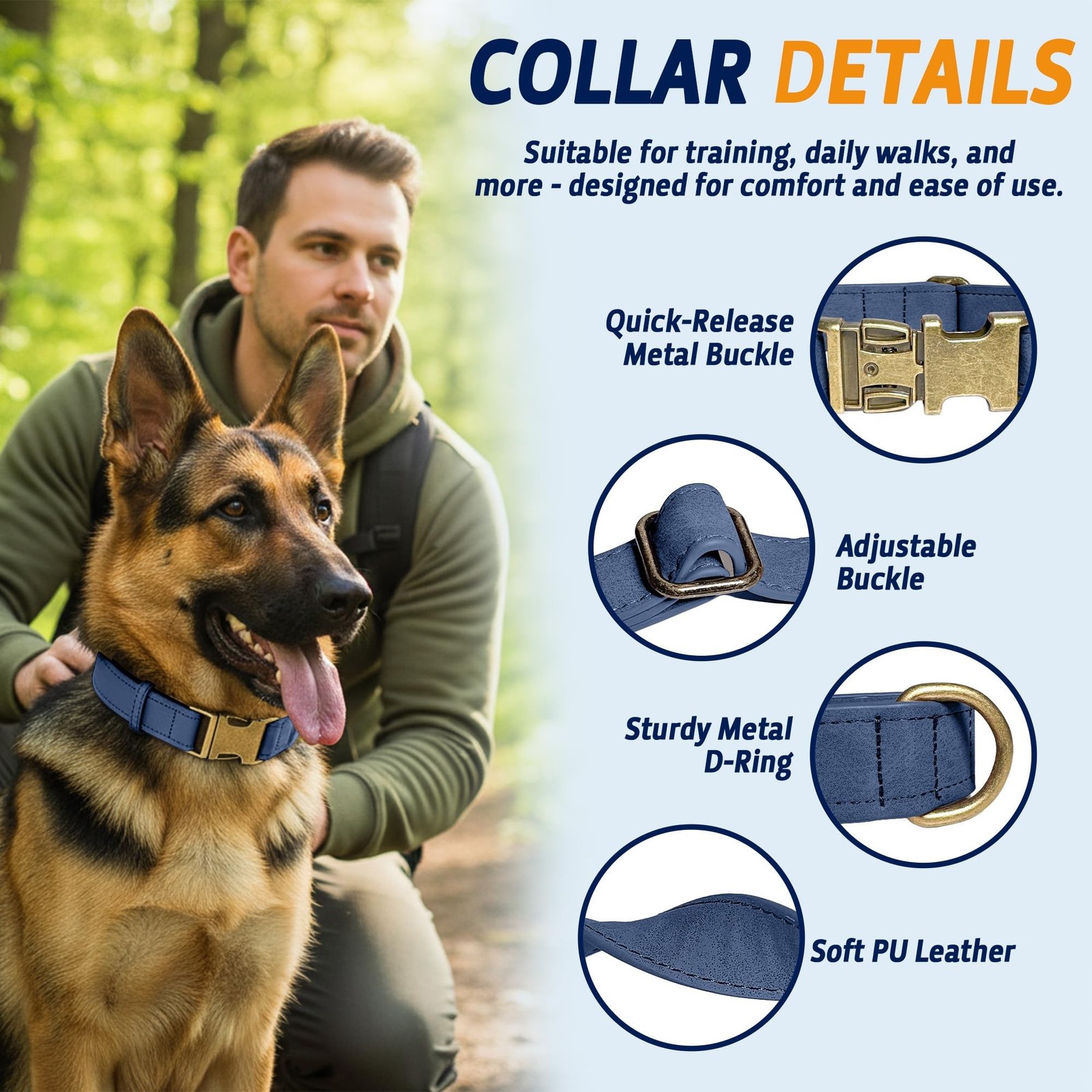 Leather Dog Collar – Durable Faux PU Leather Dog Collar for Small Medium L