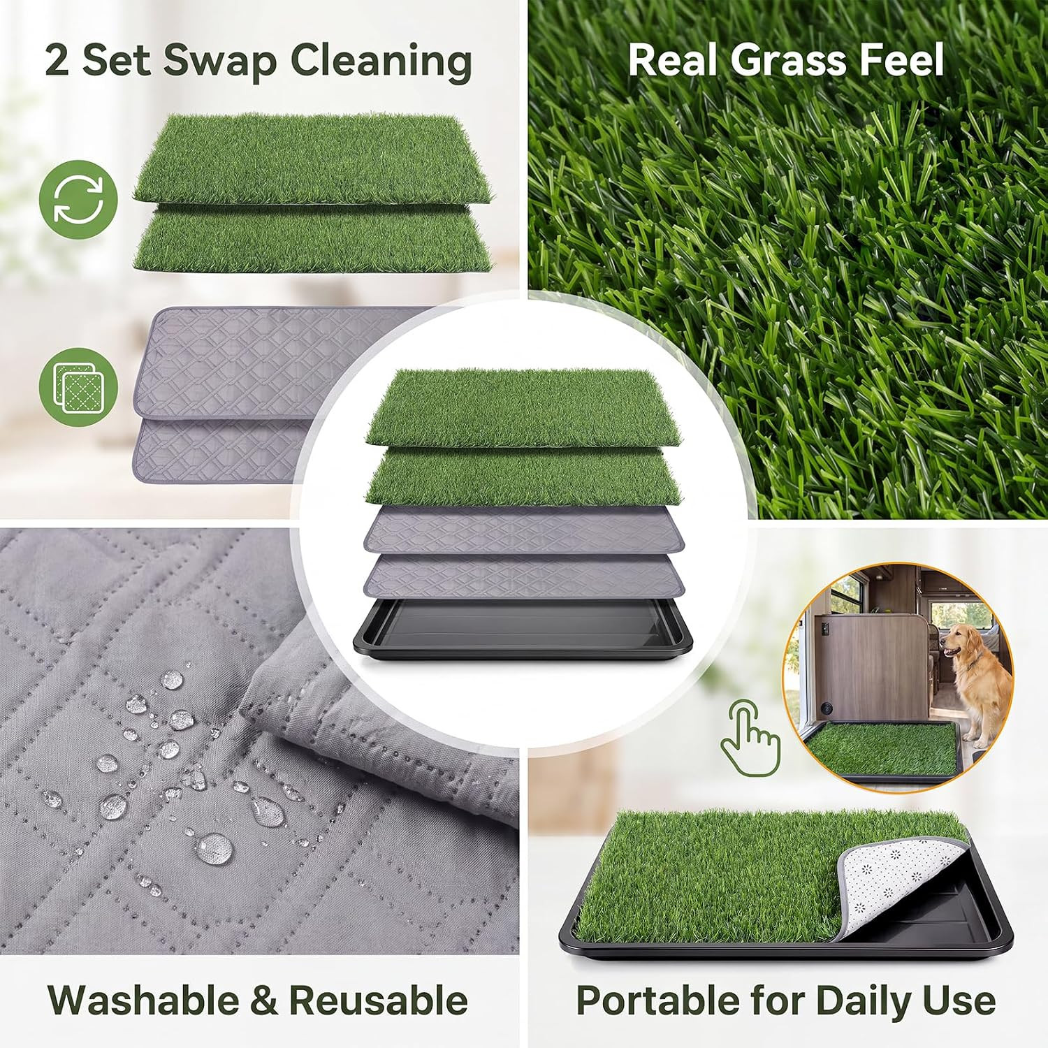 Dog Grass Pad with Tray Dogs Potty Tray – 3-Layer Indoor Potty with 2 Grass Patc