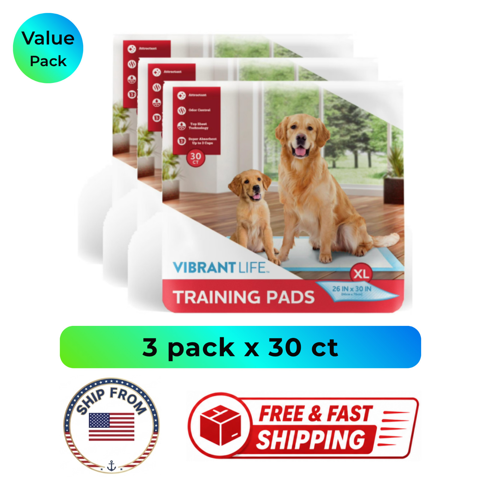 (3 pack) Vibrant Life Extra Large Dog Training Pads 5-Layer Protection 30 Count