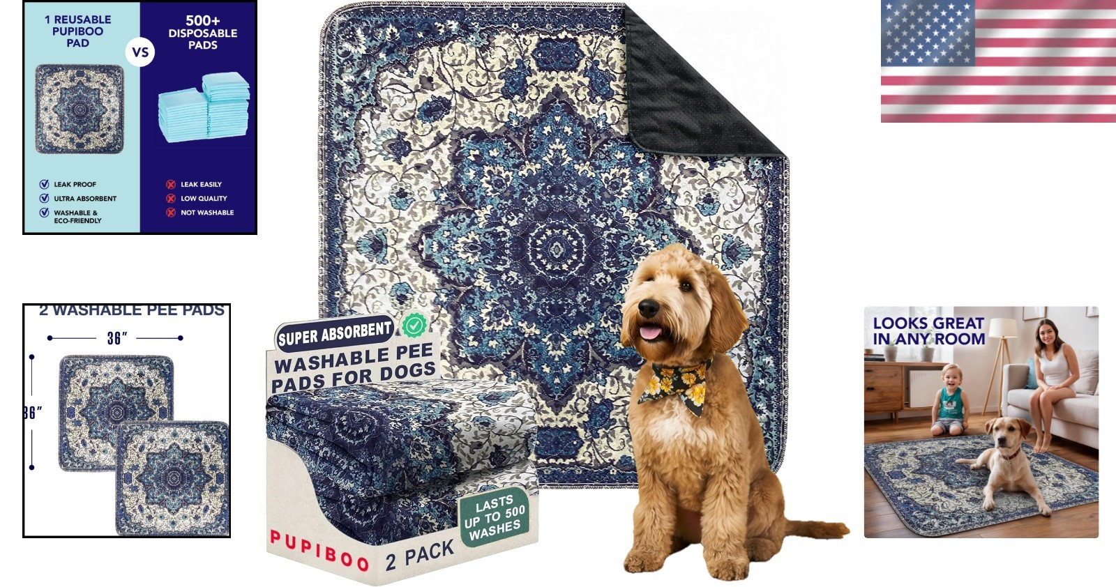 Stylish Washable Dog Pee Pads – 36×36” Super Absorbent & Leak-Proof Set of 2