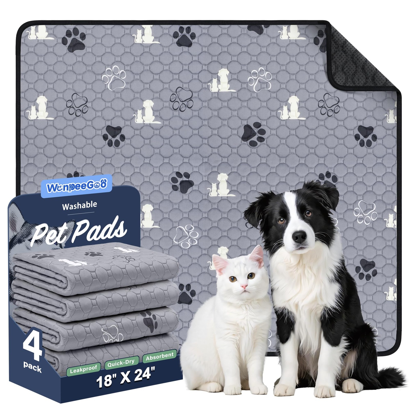 WanpeeGoo Washable Pee Pads for Dogs, 4 Pack 18″x24″ (Pack of 4), Gray