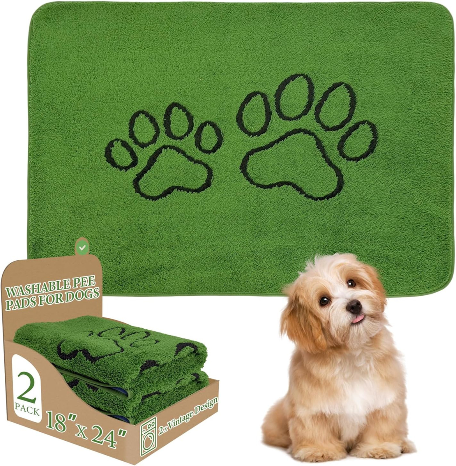 Washable Dog Pee Pads, Reusable Puppy Pads, 18×24 Inches, Green, Leak-Proof
