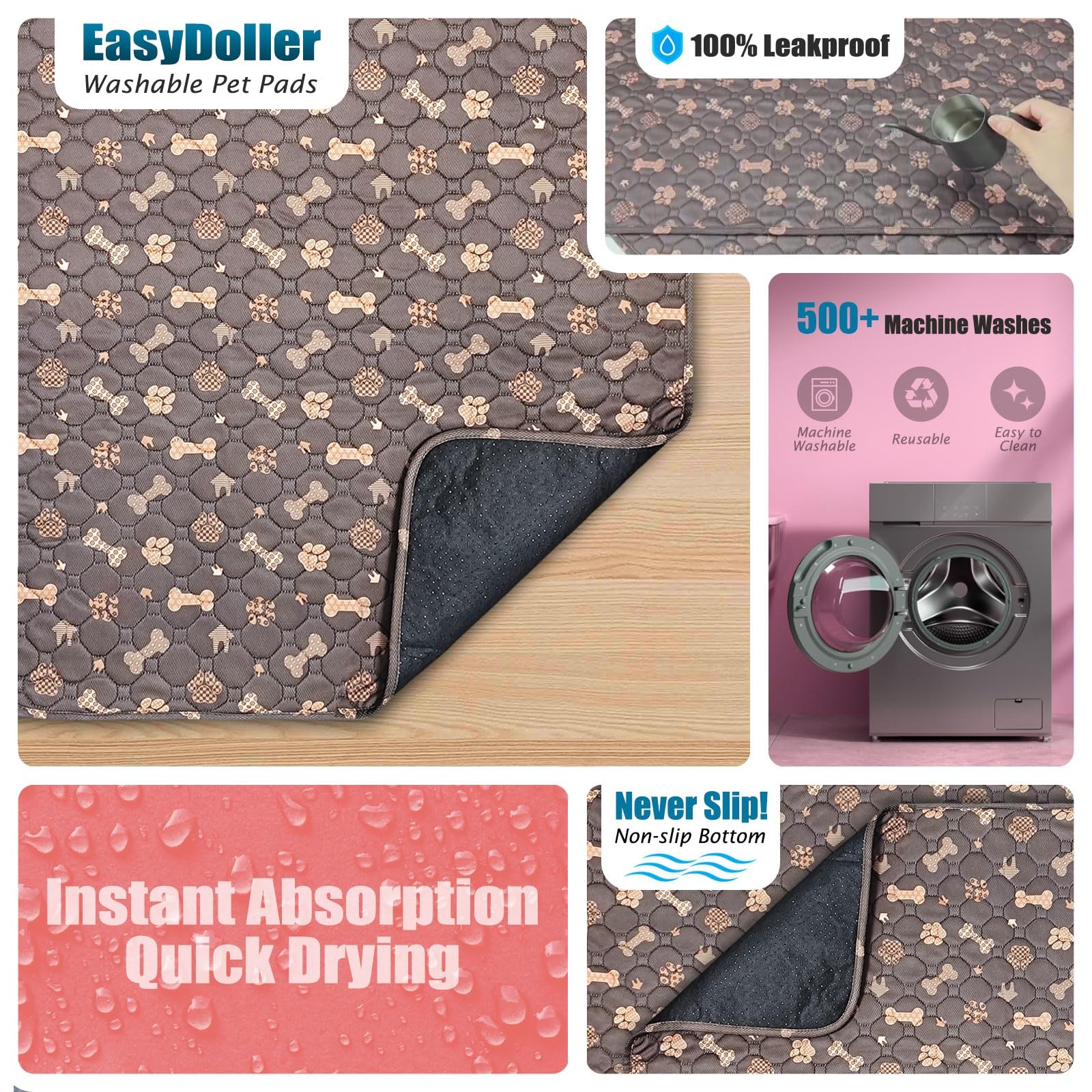 Washable Pee Pads for Dogs – 2 Pcs 28″x40″ Brown 28×40 inches (2-Pack),