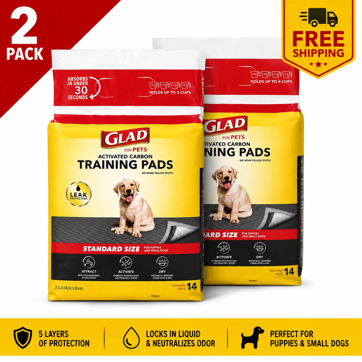 2 PACK GLAD For Pets Activated Carbon Training Pads Standard Size 14pc each