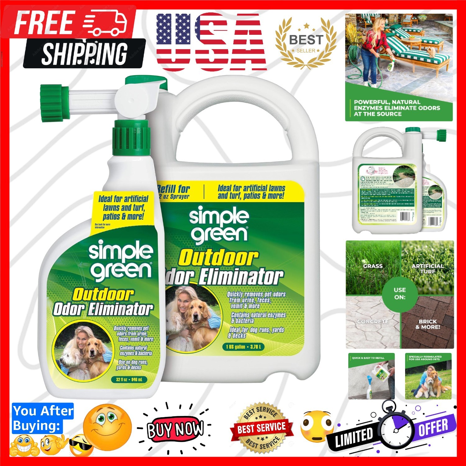 Outdoor Odor Eliminator for Pets, Dogs, Ideal for Artificial Grass & Patio 32…