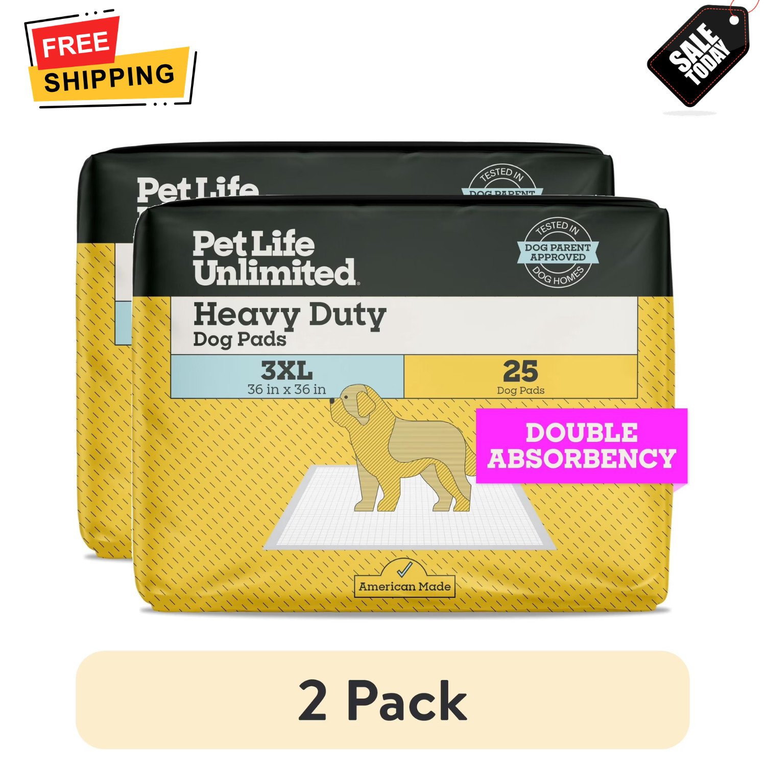 2 Pack Pet Life Unlimited Dog Pads 3XL 36×36 25Ct Heavy Duty Leak Proof Training