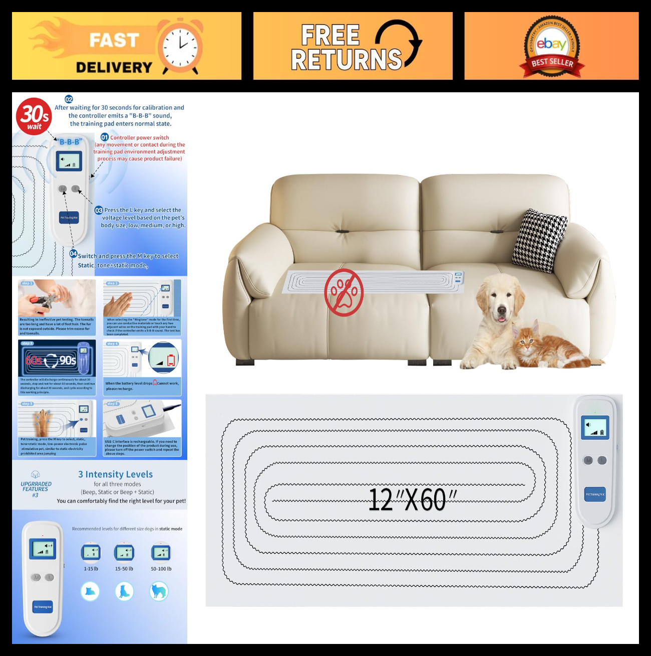 Rechargeable Pet Shock Mat 59″x11″ – 3 Safe Modes, Indoor Countertop Deterrent f