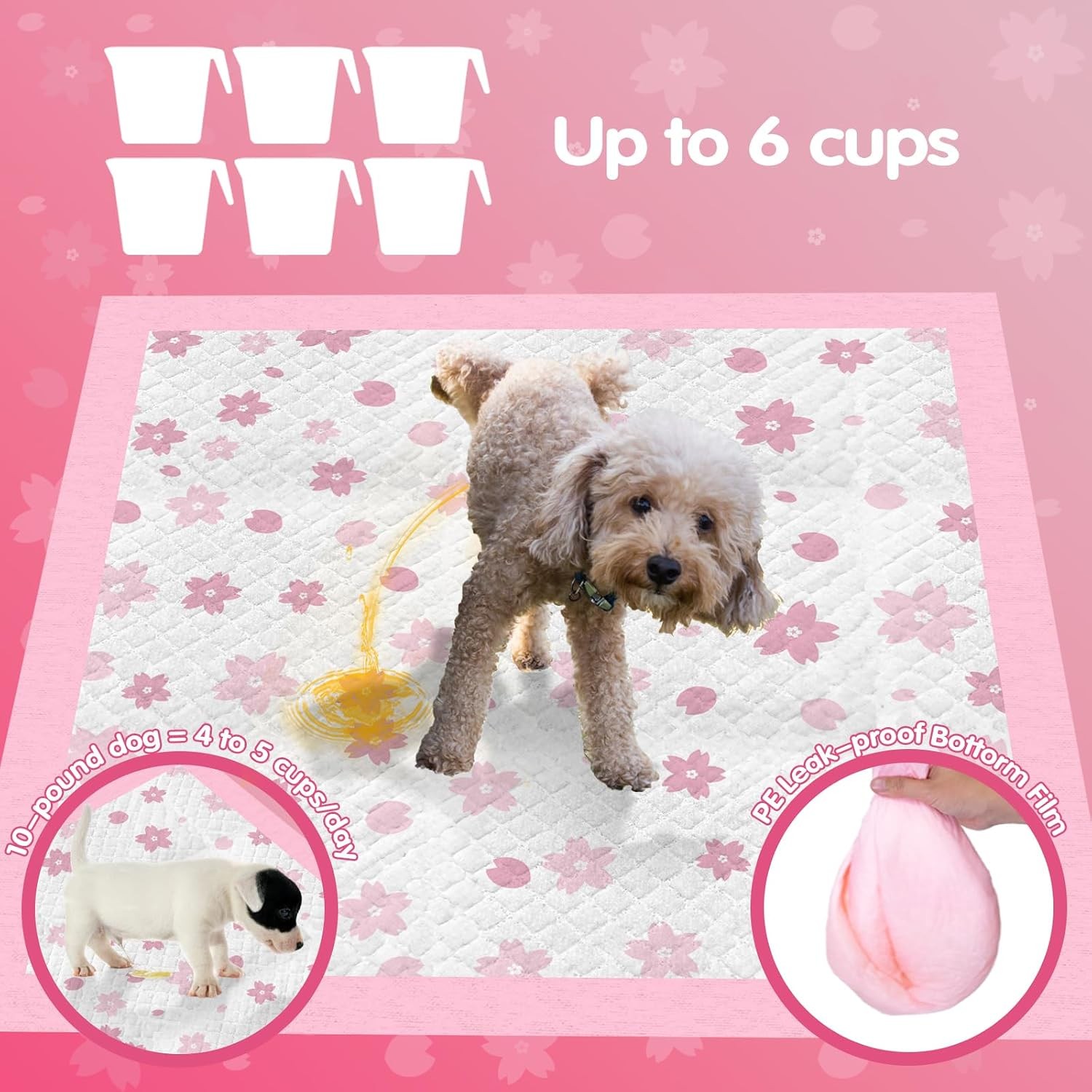 Pink Puppy Pads 50 Ct, 23x23in, Leak-Proof, Quick-Dry, Potty Training