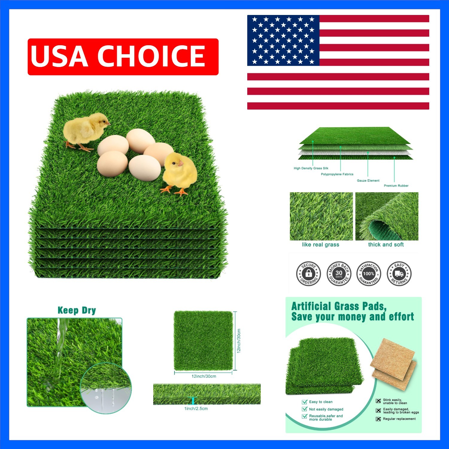 6 Pack Chicken Nesting Box Pads – Washable Artificial Grass Nesting Pads – Ch…