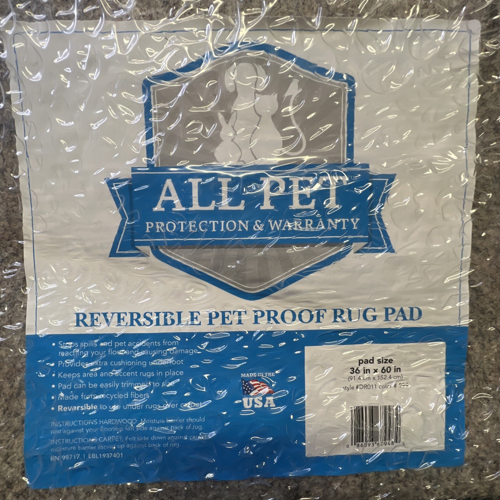 Reversible Area Rug Pad • Pet-Proof • Non-Slip • 36″ x 60″ • USA Made • Recycled