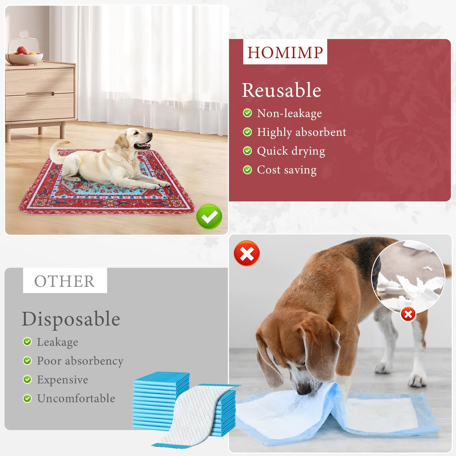 Washable Pee Pads for Dogs, 2 Pack Reusable Puppy Pads Waterproof, Absorbent …
