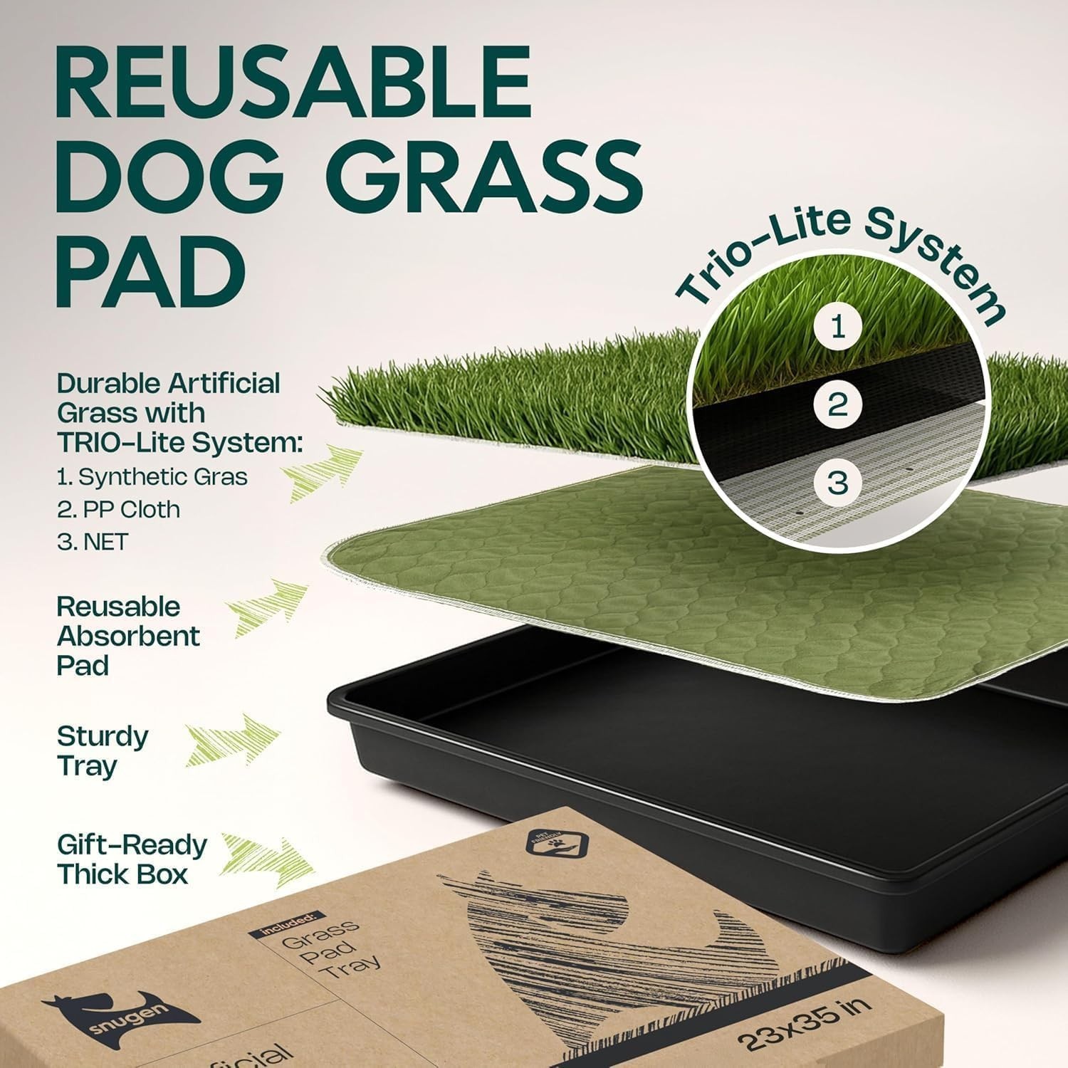 Dog Grass Pad with Tray, 35”X23” Large Artificial Turf Grass Potty, Reusable