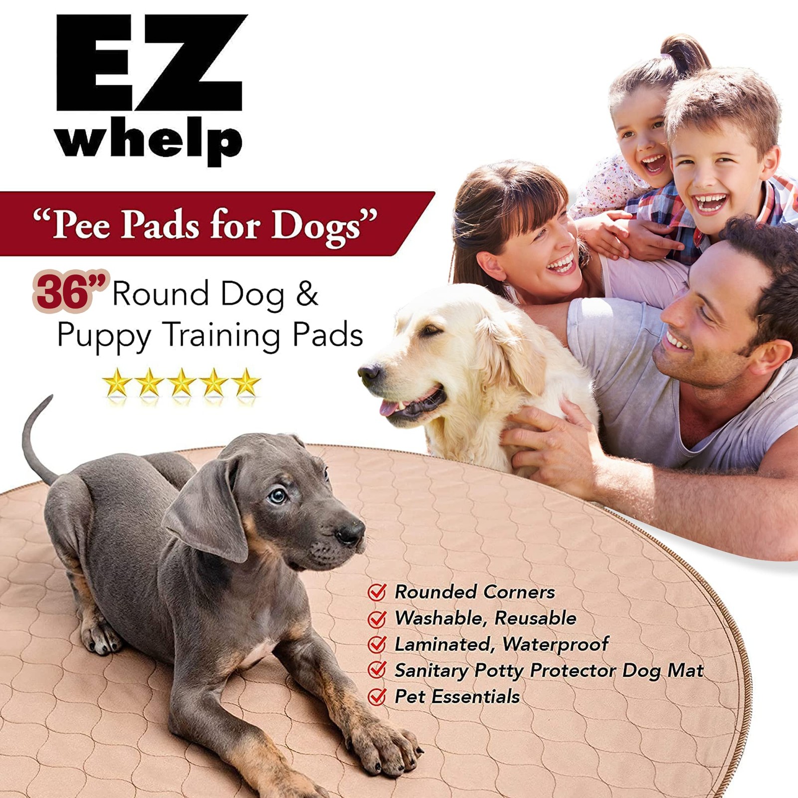 Dog Pee Pad Round 36 Inch Washable Waterproof Mat for Potty Training