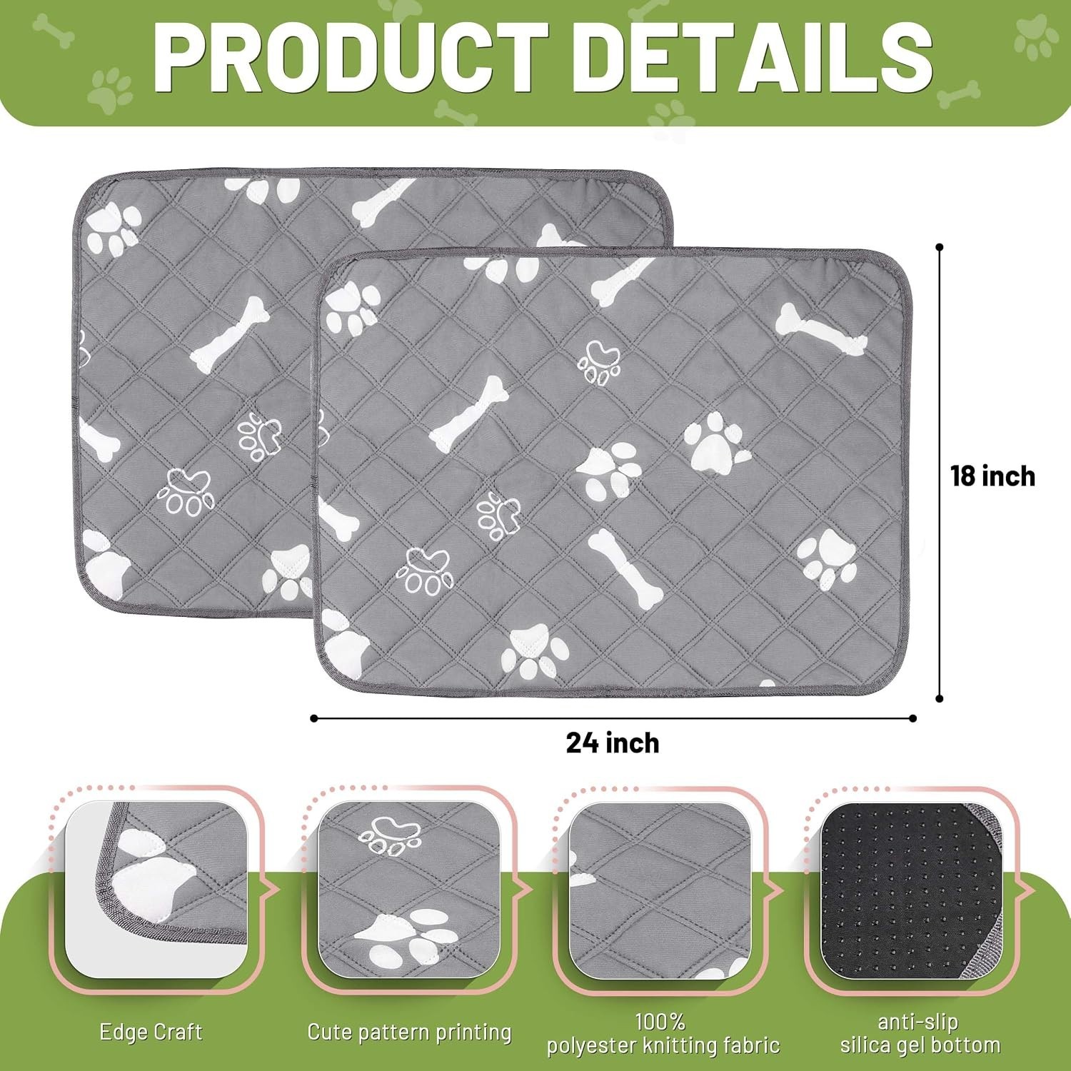 Super Absorbent Washable Puppy Pads, 18” x 24” – Non-Slip & Waterproof, 2 Pack