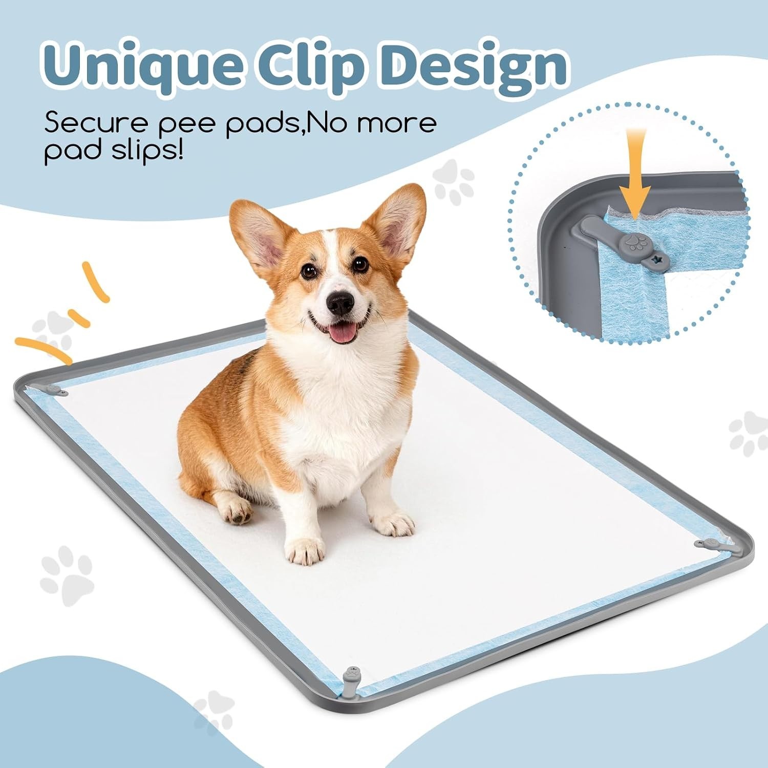 Silicone Puppy Pad Holder Tray with Clips Fits for 24″x35″ Pee Pads – Grey