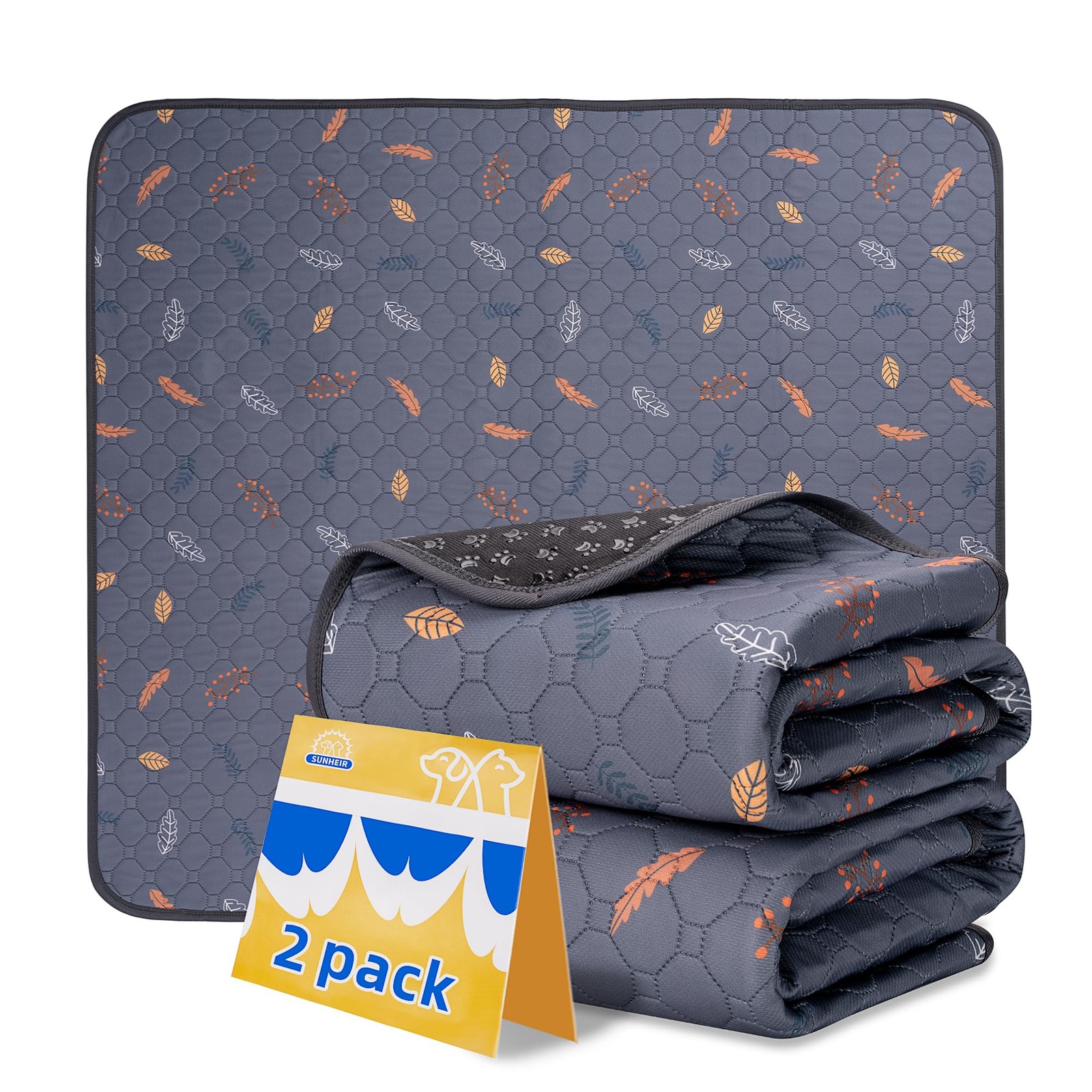 Sunheir Washable Pee Pads for Dogs 18×24 Inch (Pack of 2), Leaves – Deep Grey